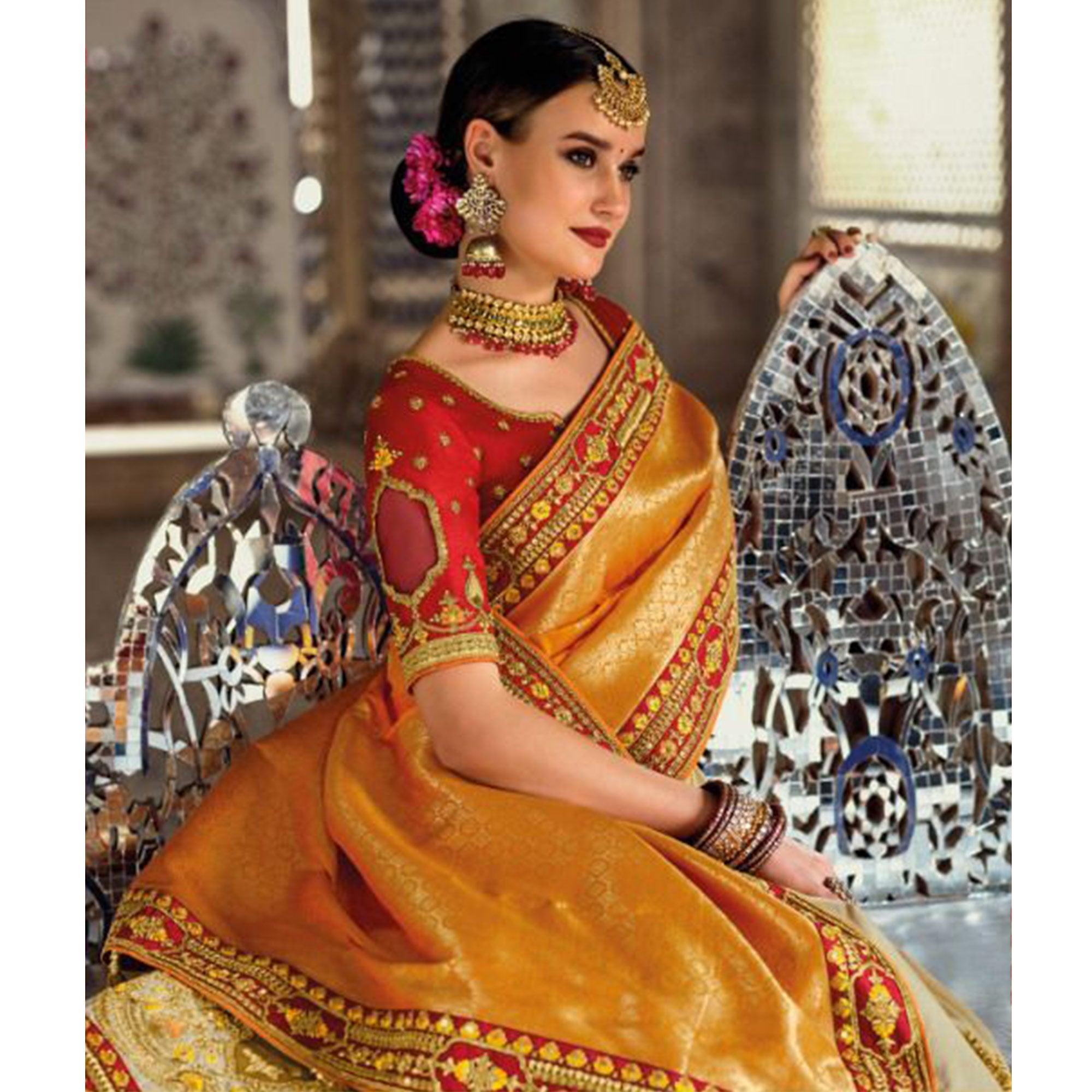 Cream-Orange Festive Wear Woven Banarasi Silk Half & Half Saree - Peachmode