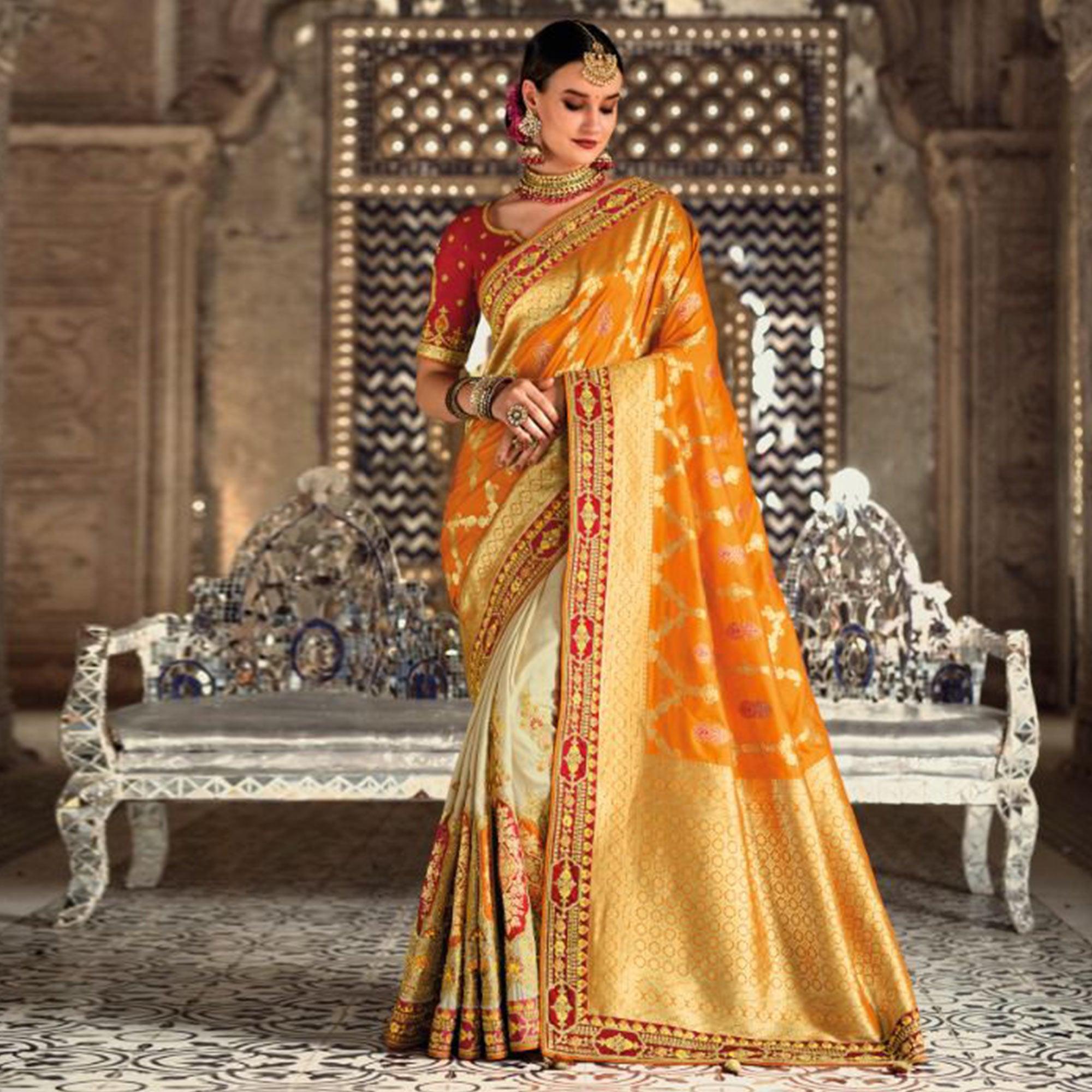 Cream-Orange Festive Wear Woven Banarasi Silk Half & Half Saree - Peachmode