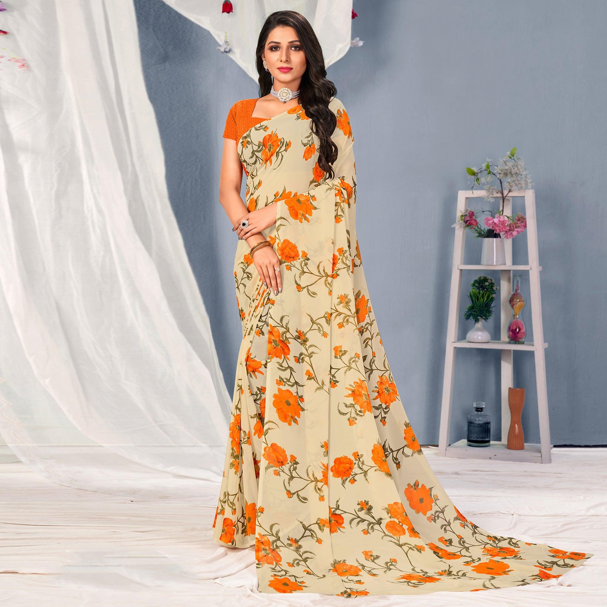 Cream-Orange Floral Printed Georgette Saree - Peachmode