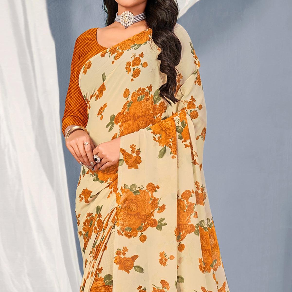 Cream-Orange Floral Printed Georgette Saree - Peachmode