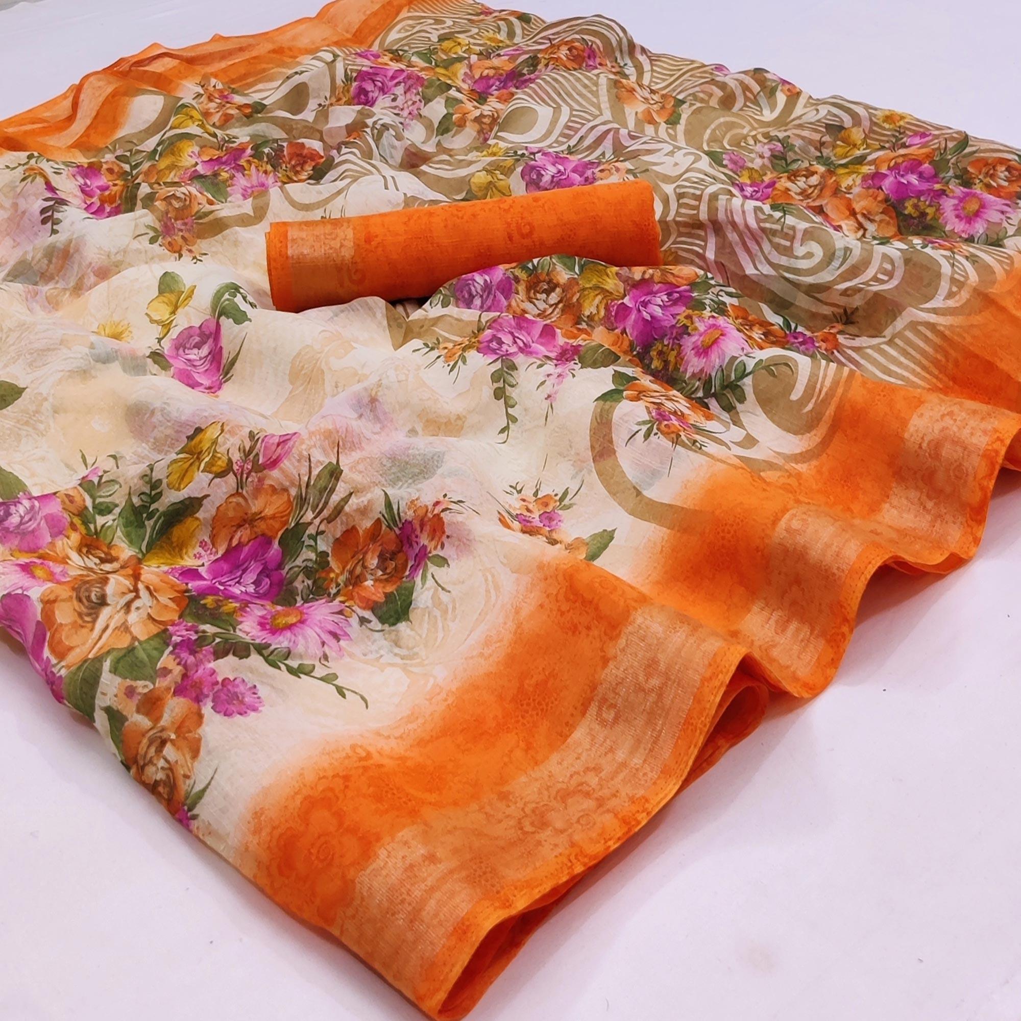 Cream-Orange Floral Printed Linen Saree - Peachmode