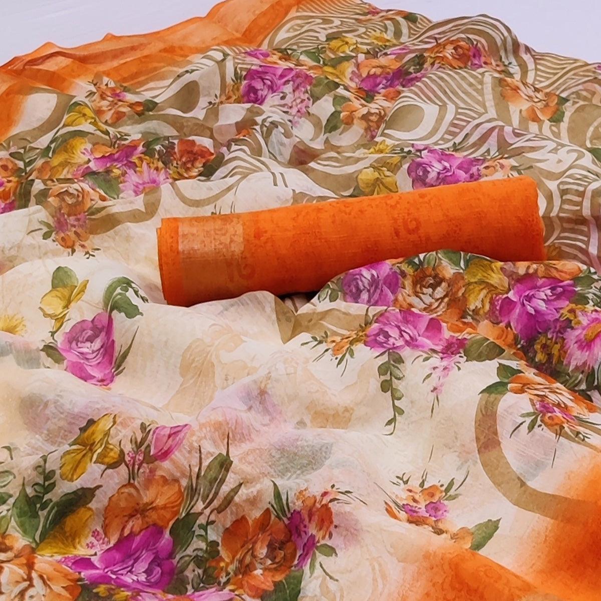 Cream-Orange Floral Printed Linen Saree - Peachmode