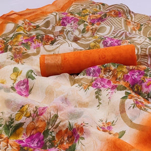 Cream-Orange Floral Printed Linen Saree - Peachmode