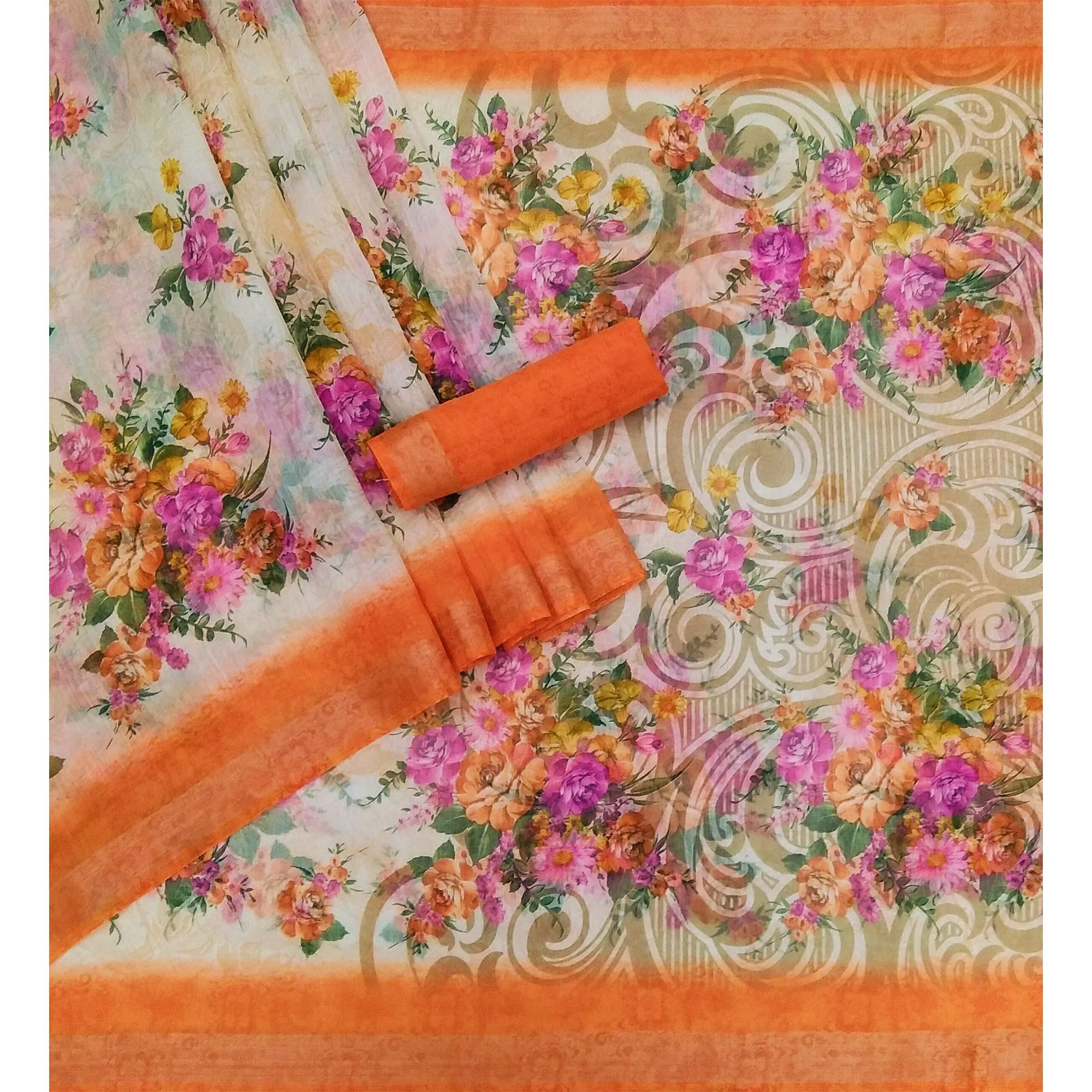 Cream-Orange Floral Printed Linen Saree - Peachmode