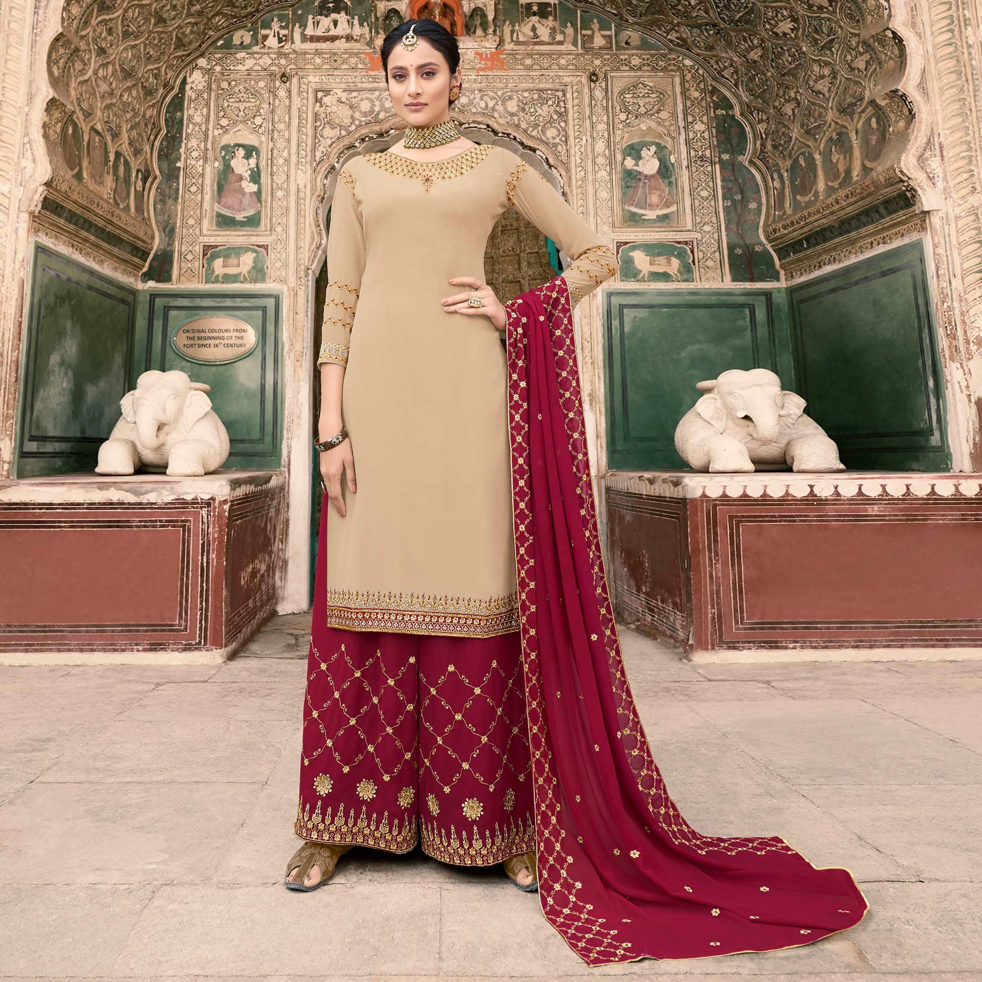 Cream Party Wear Embroidery Soft Georgette Palazzo Suit - Peachmode