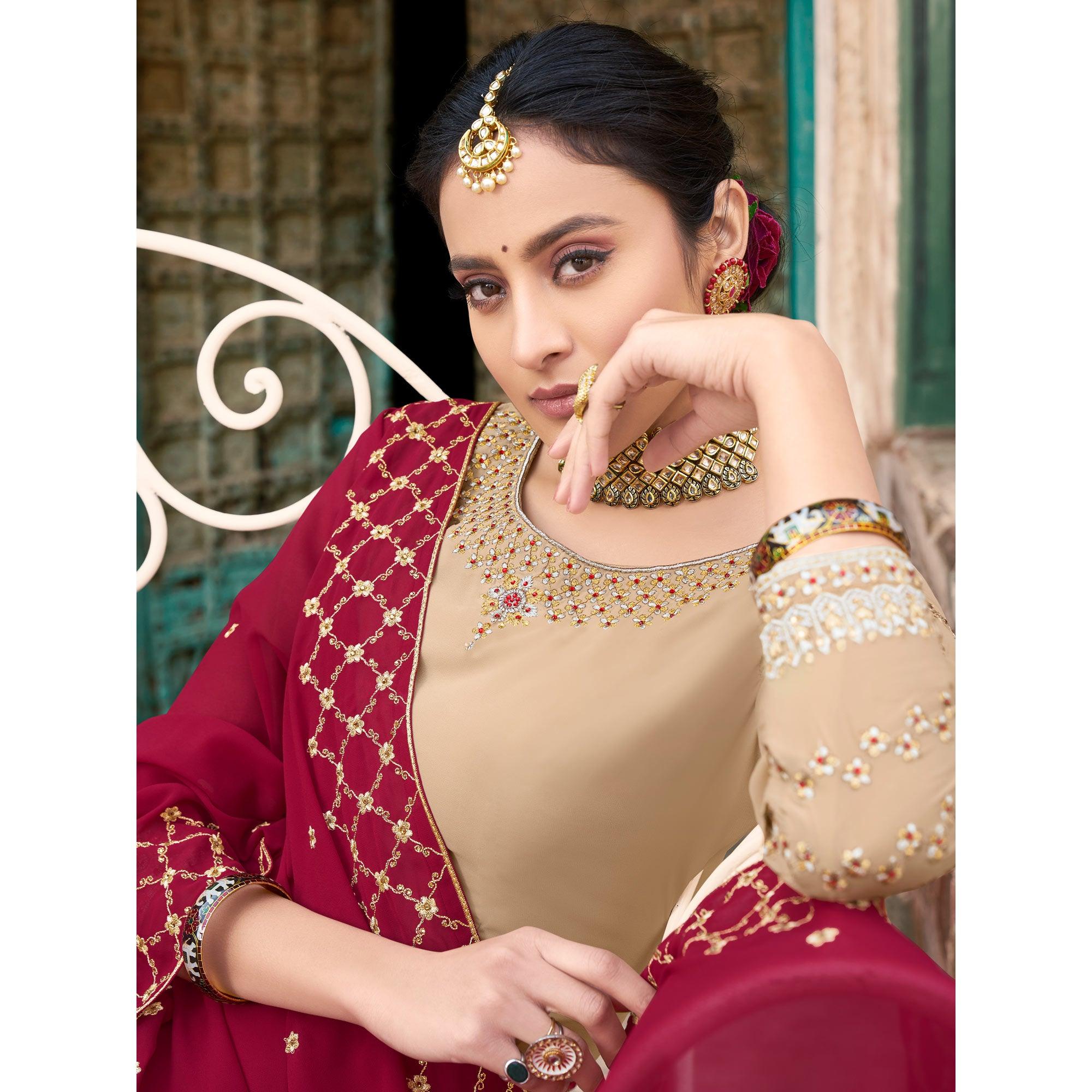 Cream Party Wear Embroidery Soft Georgette Palazzo Suit - Peachmode