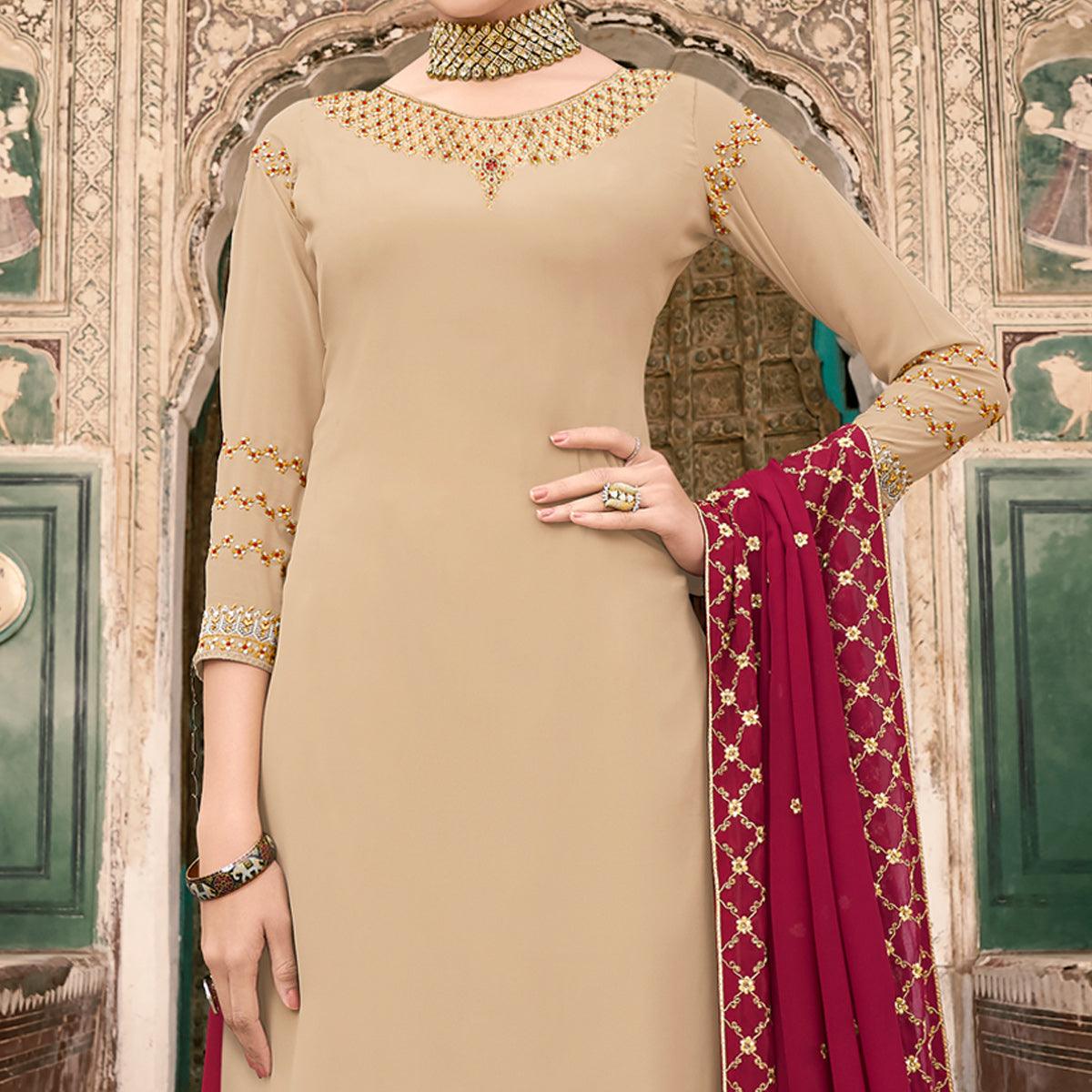 Cream Party Wear Embroidery Soft Georgette Palazzo Suit - Peachmode