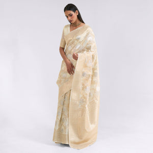 Cream Party Wear Woven Pure Linen Saree - Peachmode