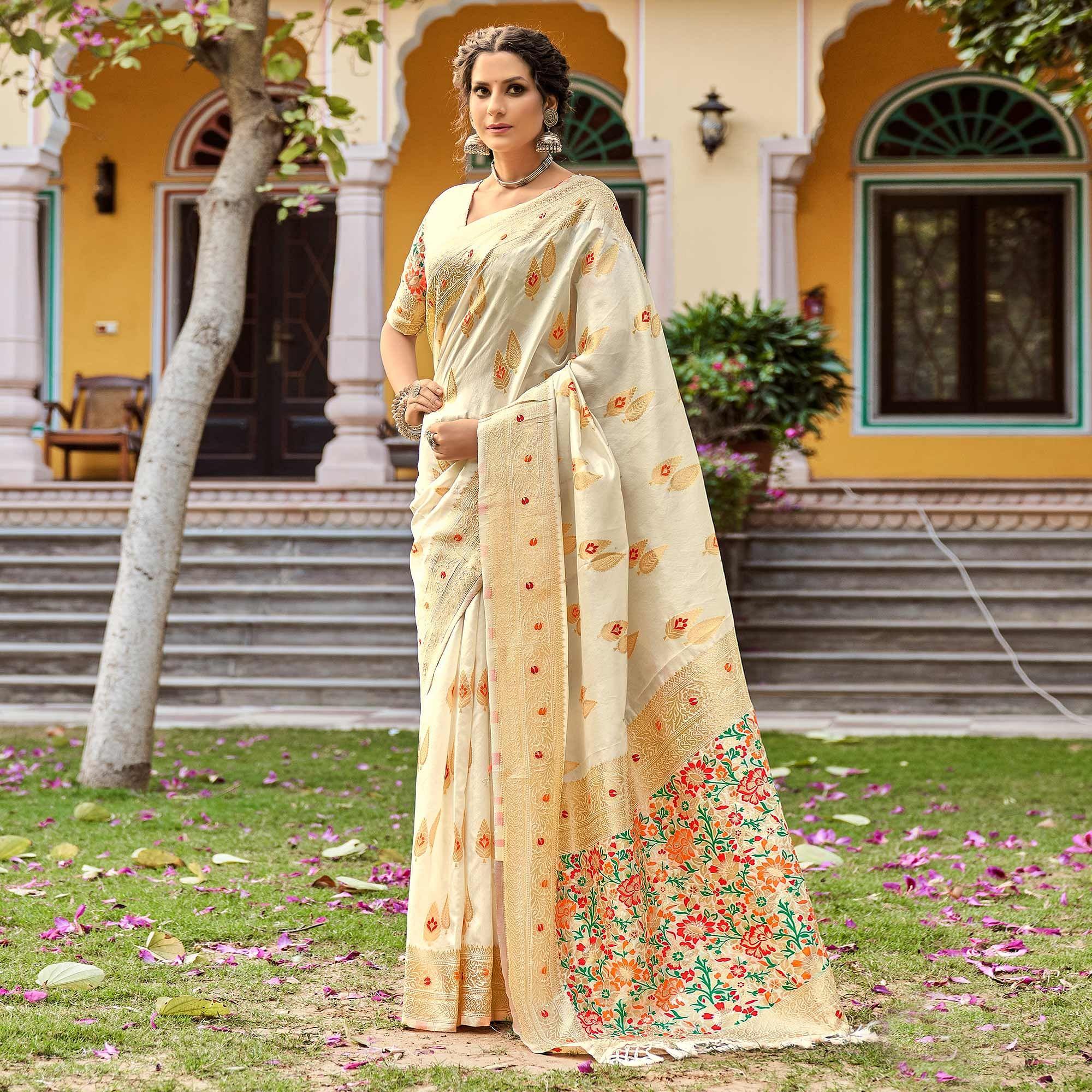 Cream Partywear Banarasi Woven Silk Saree with Kashmiri Pallu - Peachmode
