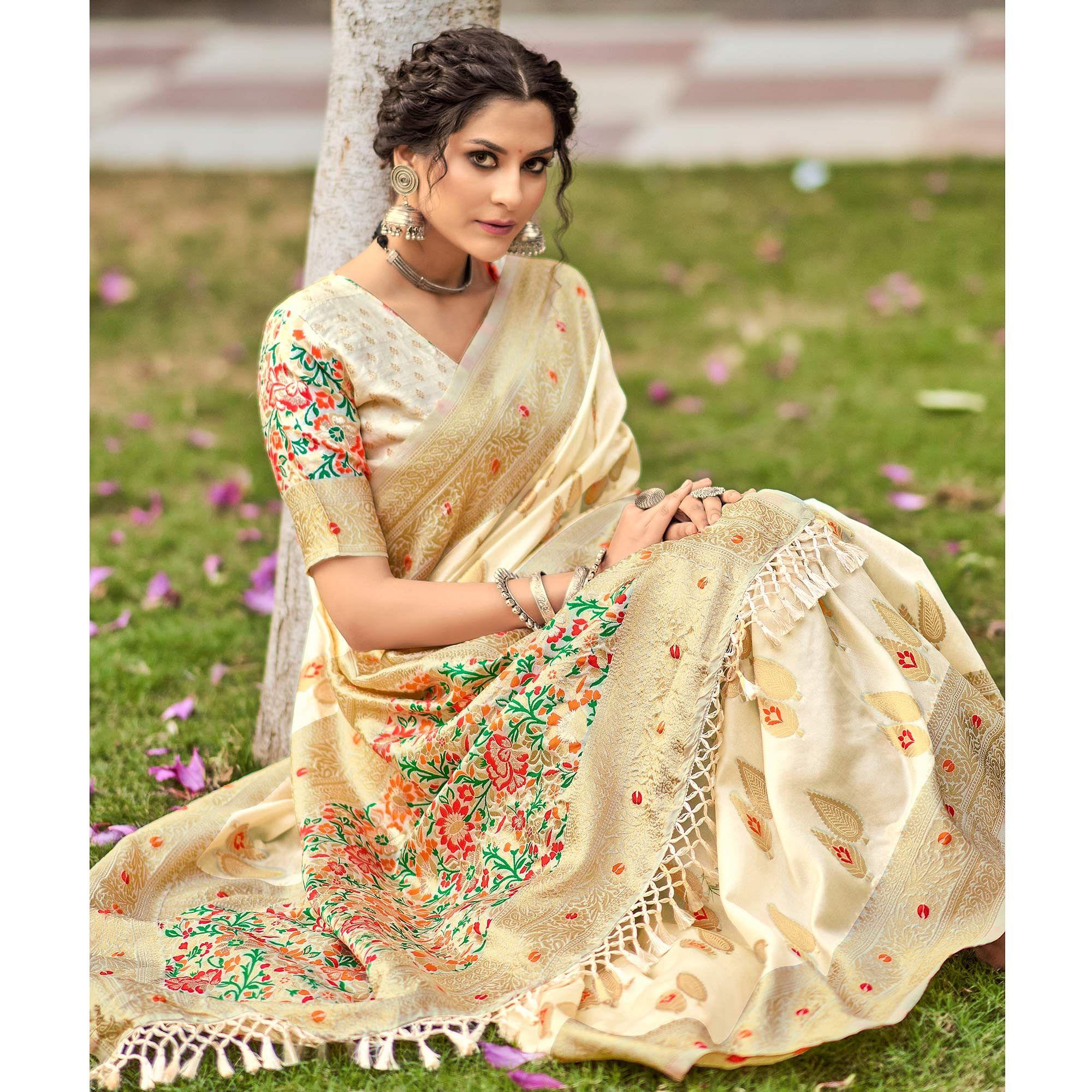 Cream Partywear Banarasi Woven Silk Saree with Kashmiri Pallu - Peachmode