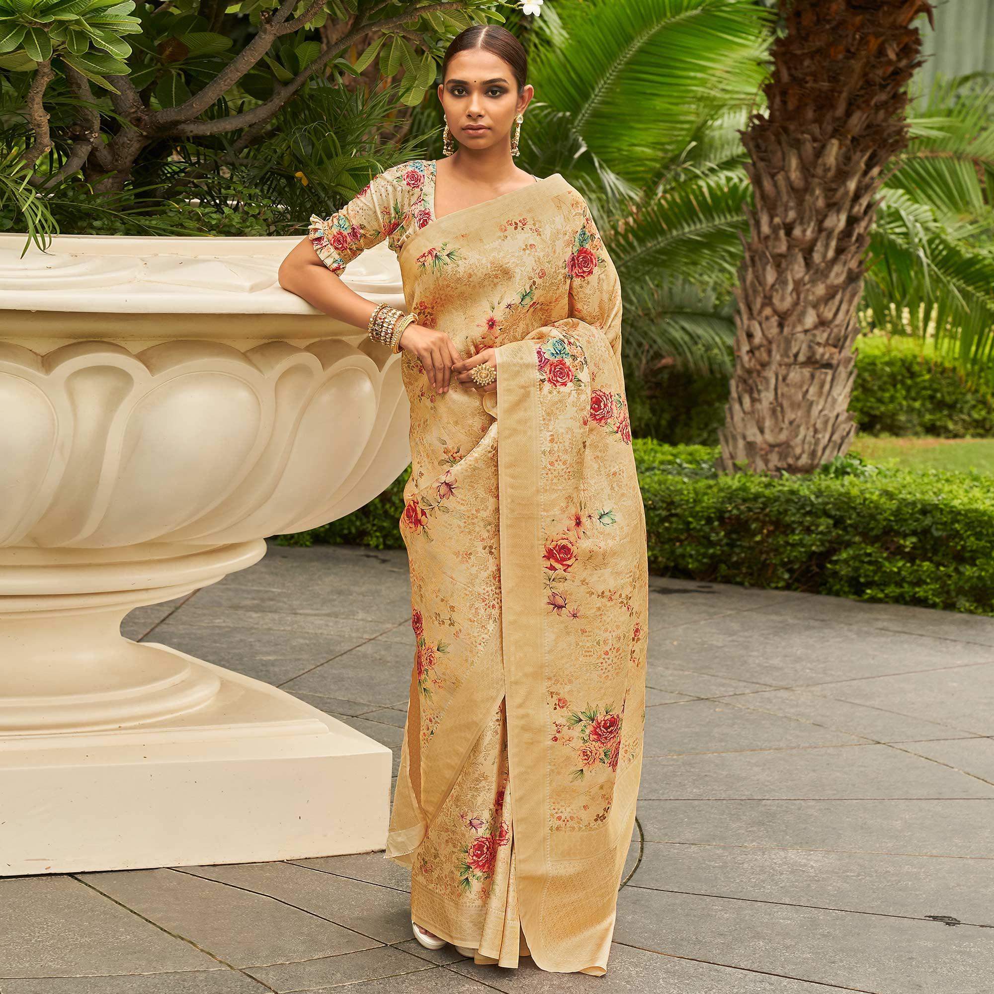 Cream Partywear Digital Printed Silk Saree - Peachmode