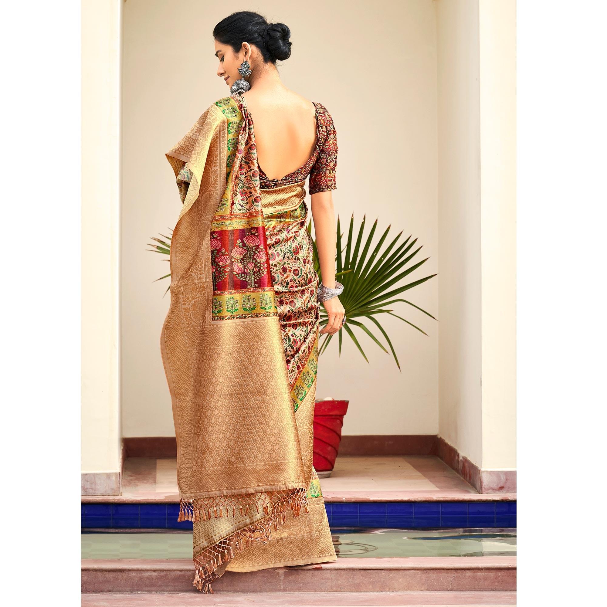 Cream Partywear Digital Printed Silk Saree - Peachmode