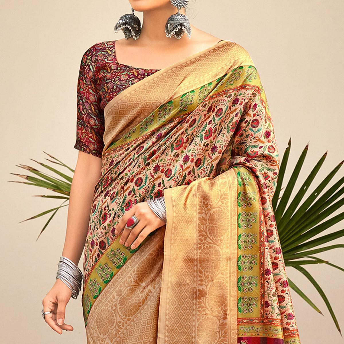 Cream Partywear Digital Printed Silk Saree - Peachmode