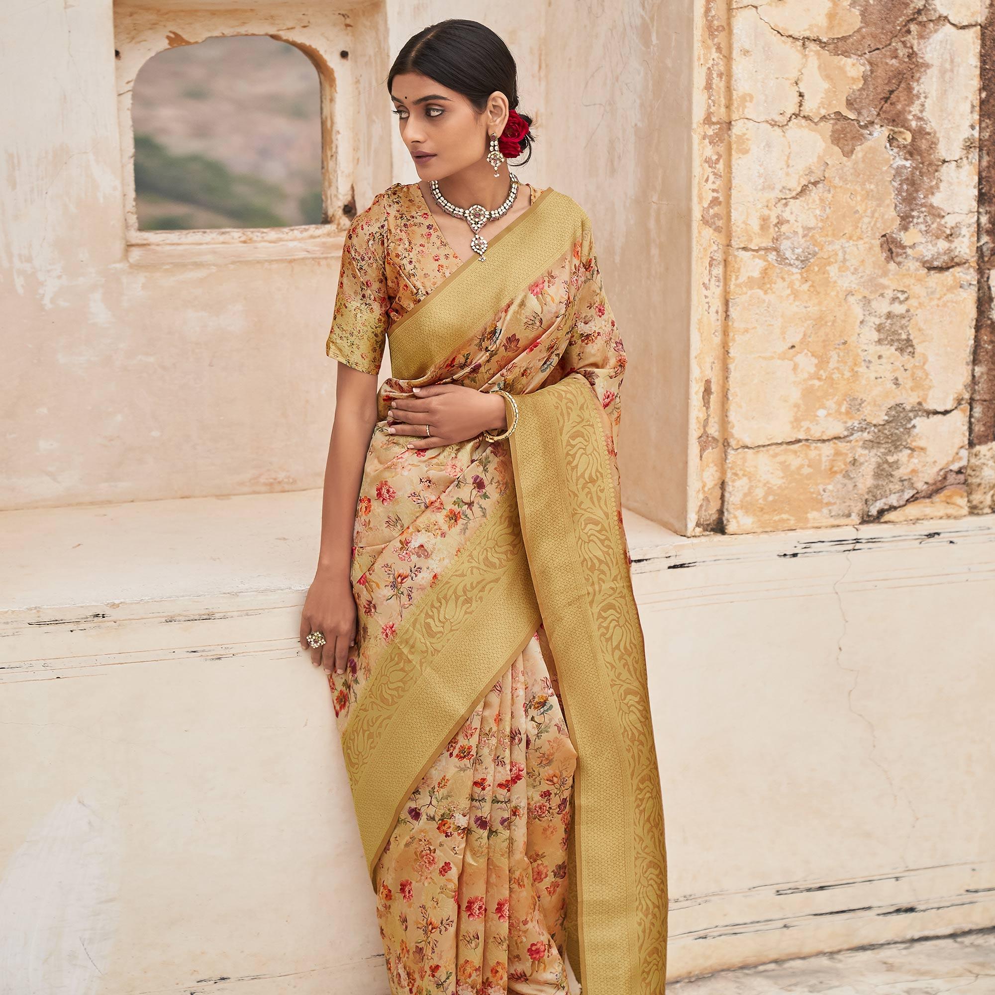 Cream Partywear Digital Printed Silk Saree - Peachmode