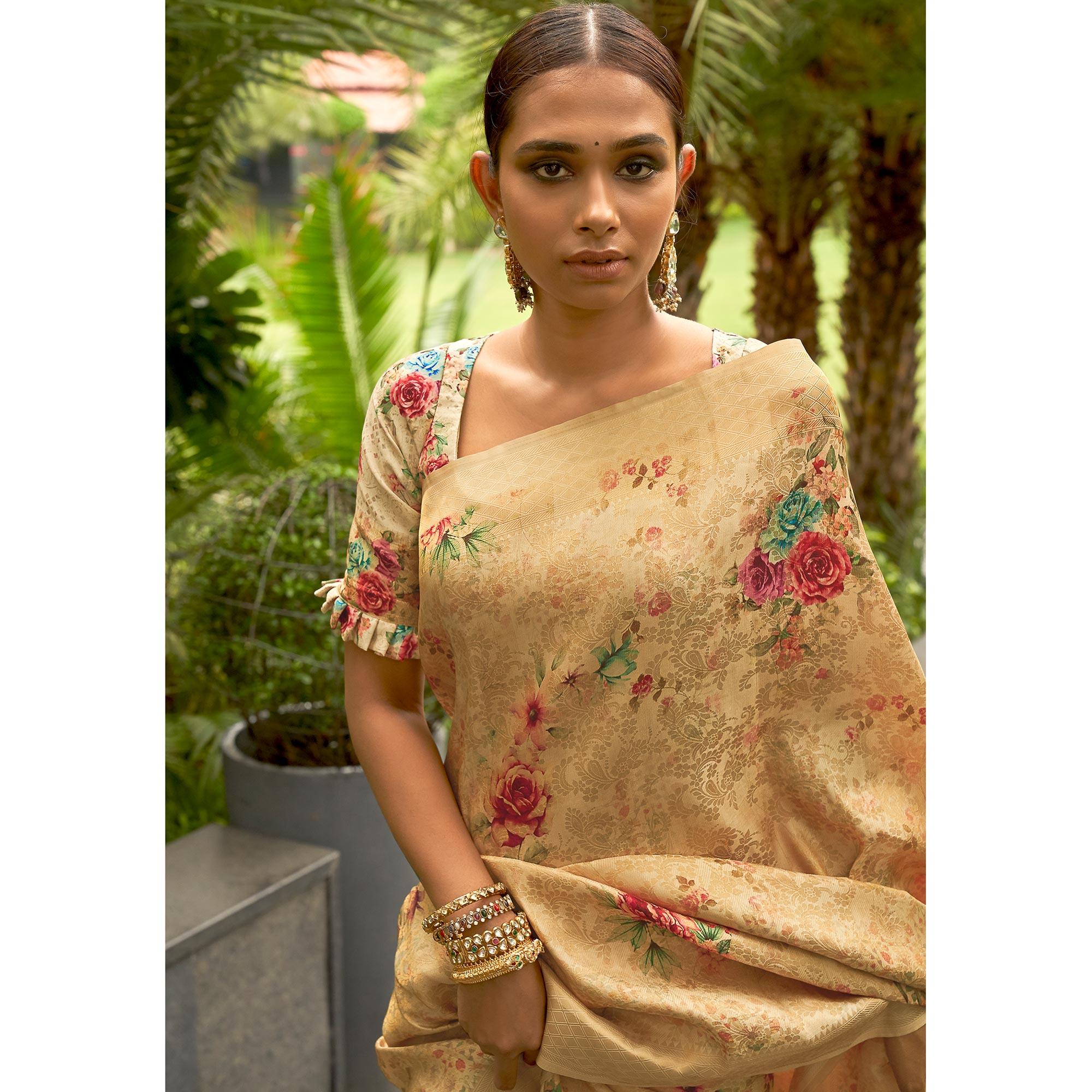 Cream Partywear Digital Printed Silk Saree - Peachmode