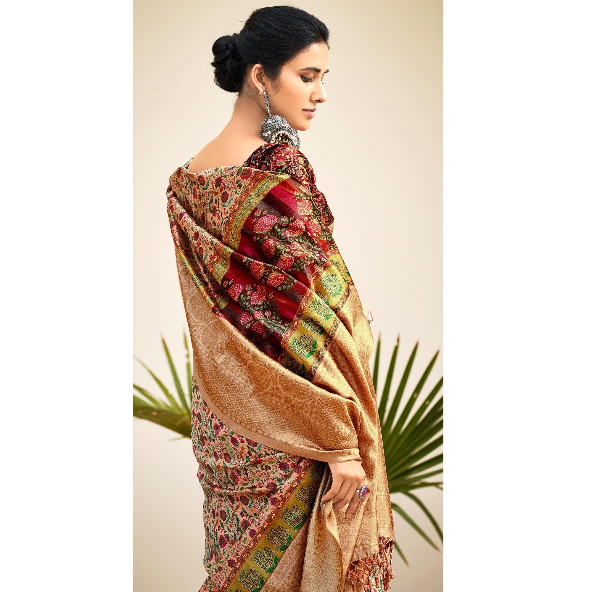 Cream Partywear Digital Printed Silk Saree - Peachmode