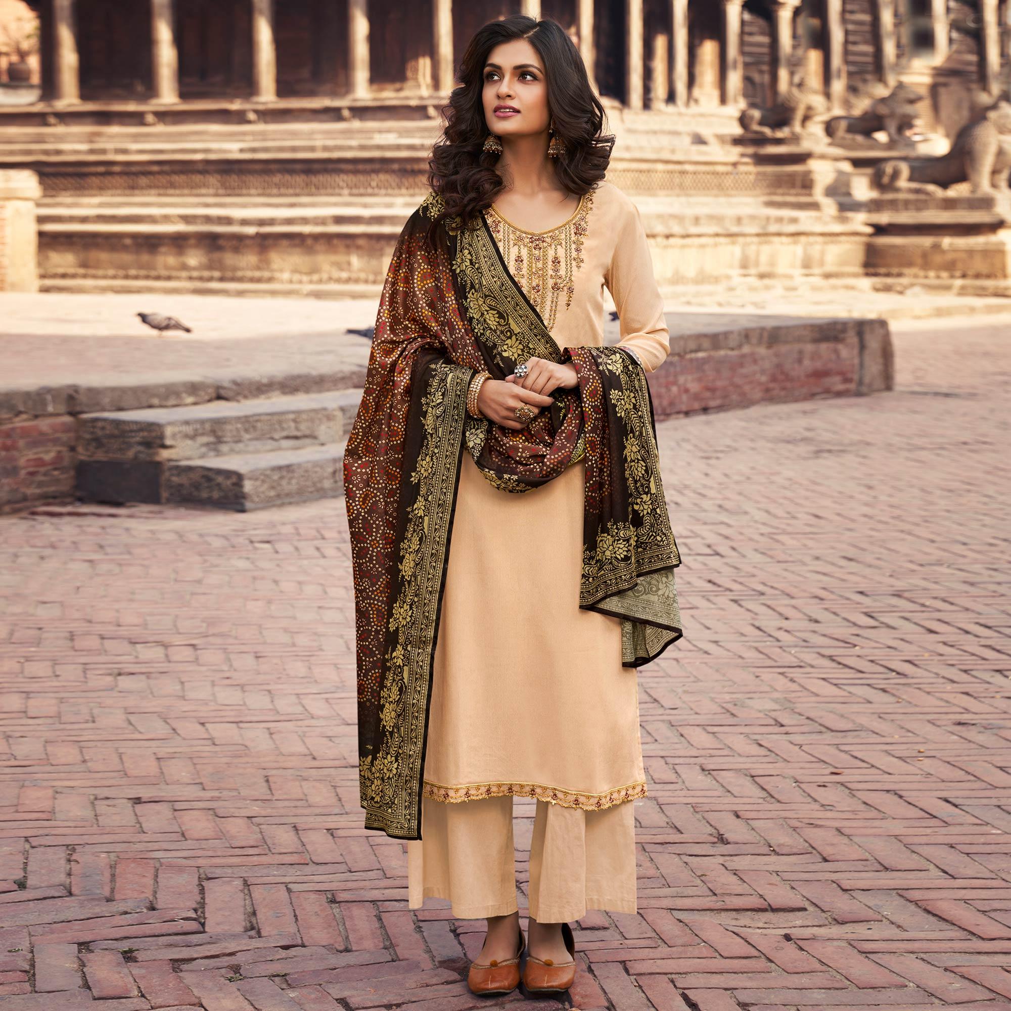 Cream Partywear Embroidered Chinon chiffon Suit - Peachmode