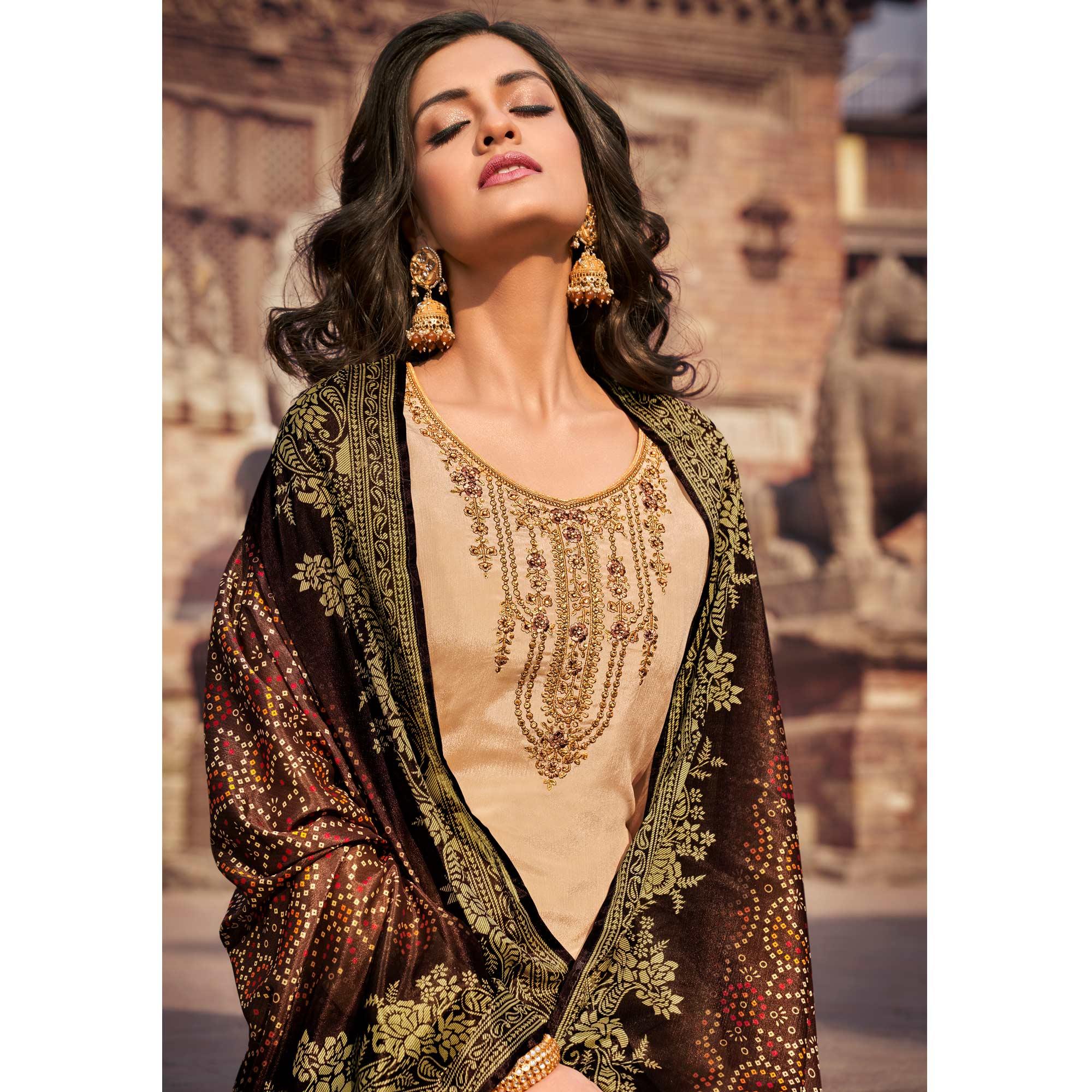 Cream Partywear Embroidered Chinon chiffon Suit - Peachmode