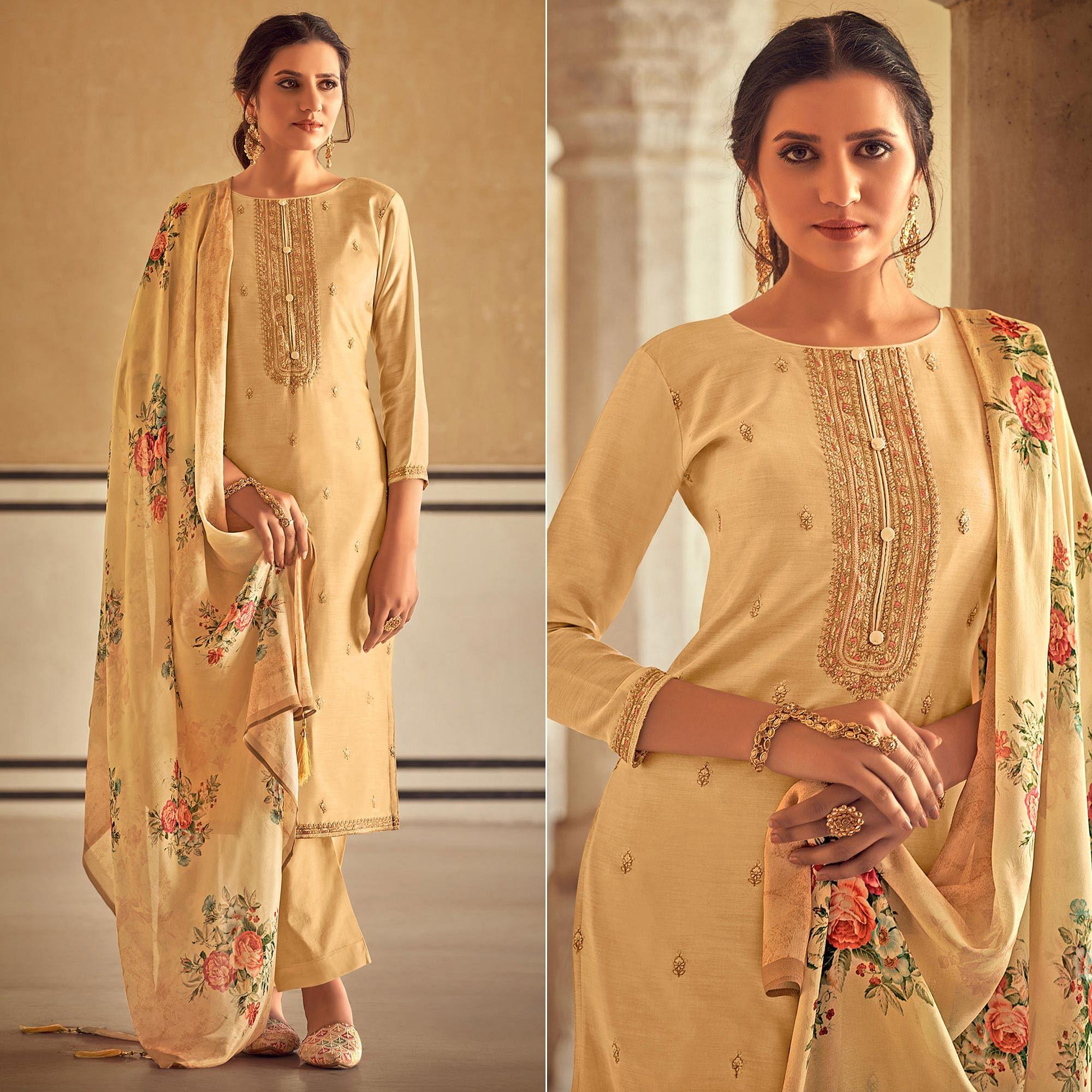 Cream Partywear Embroidered Cotton Silk Suit - Peachmode