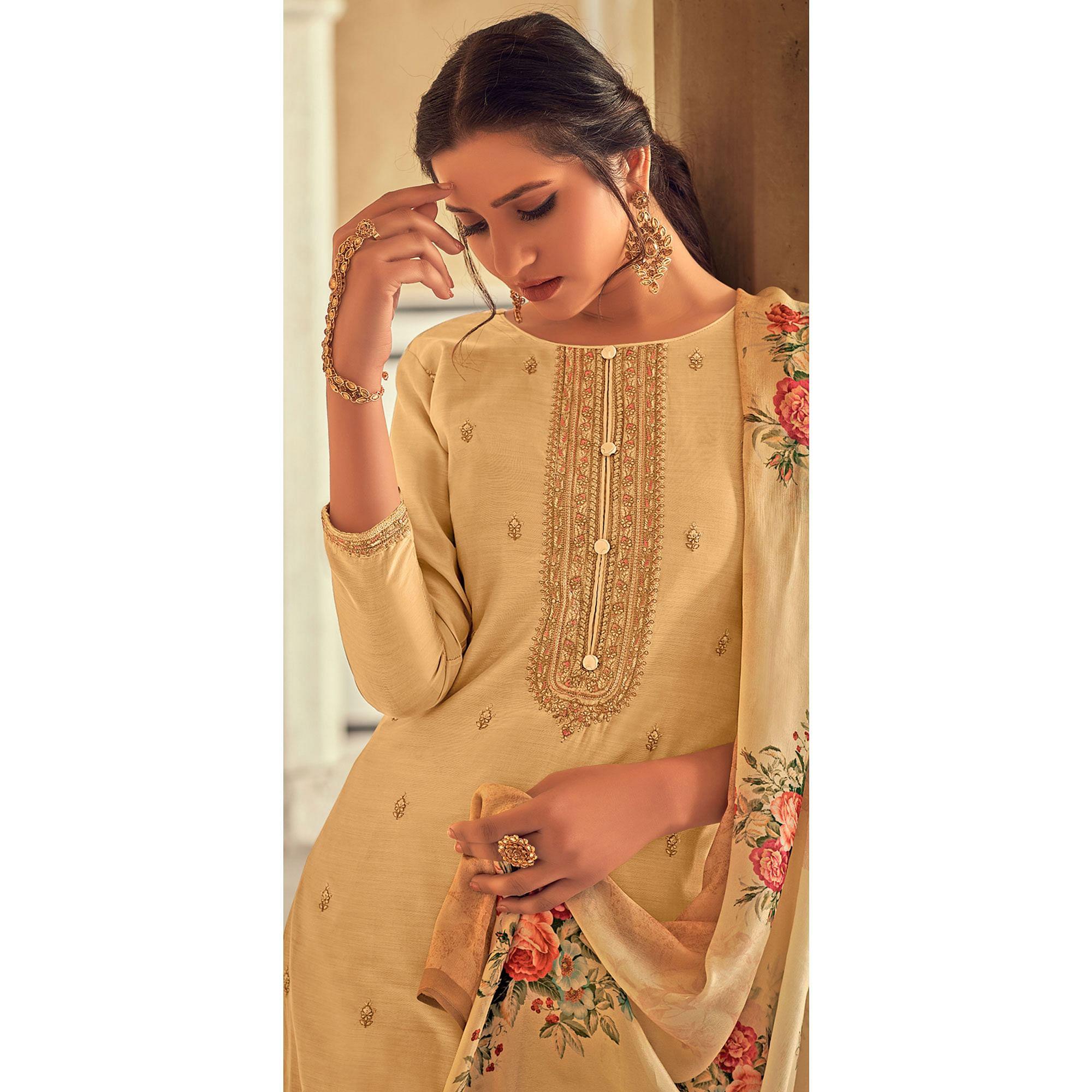Cream Partywear Embroidered Cotton Silk Suit - Peachmode