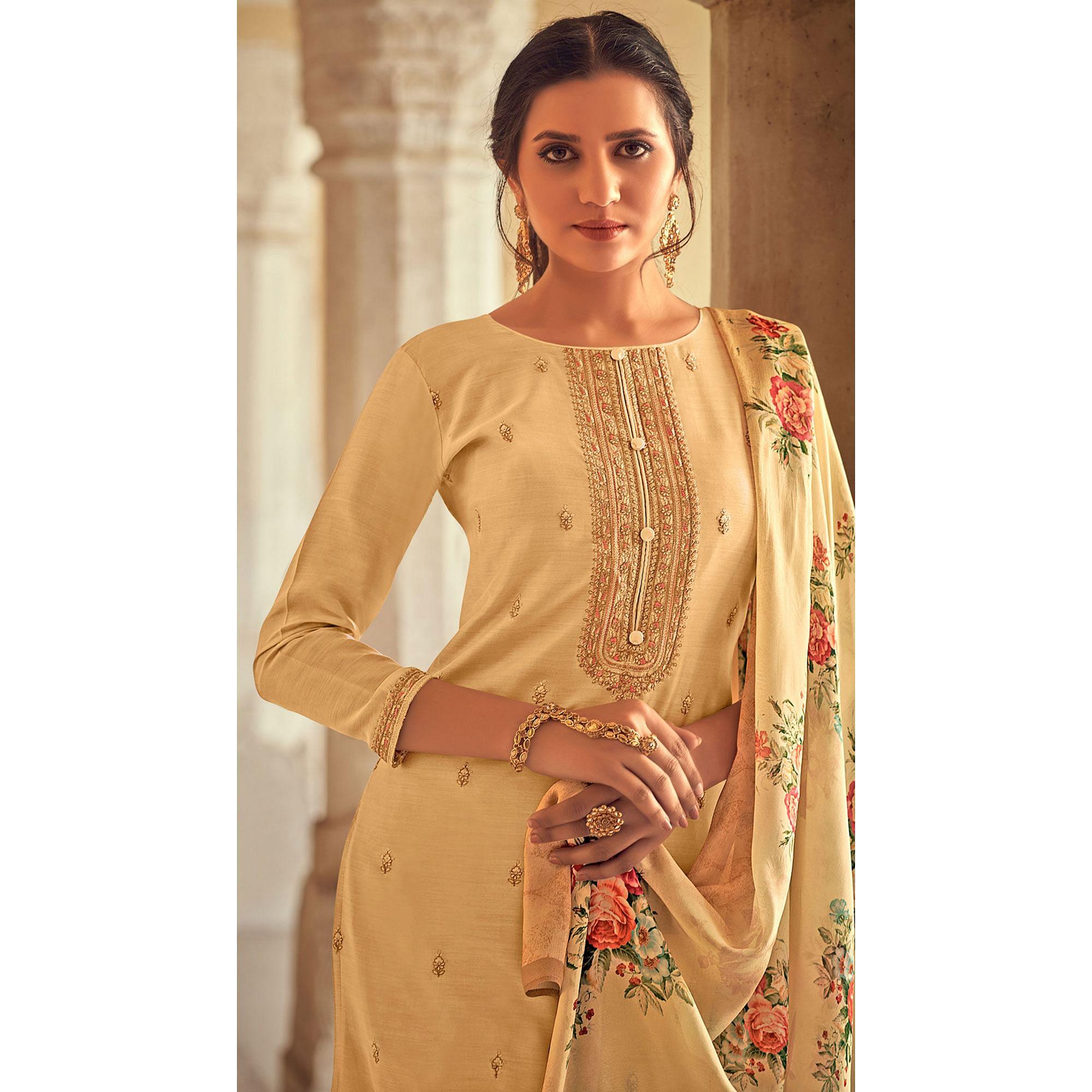 Cream Partywear Embroidered Cotton Silk Suit - Peachmode