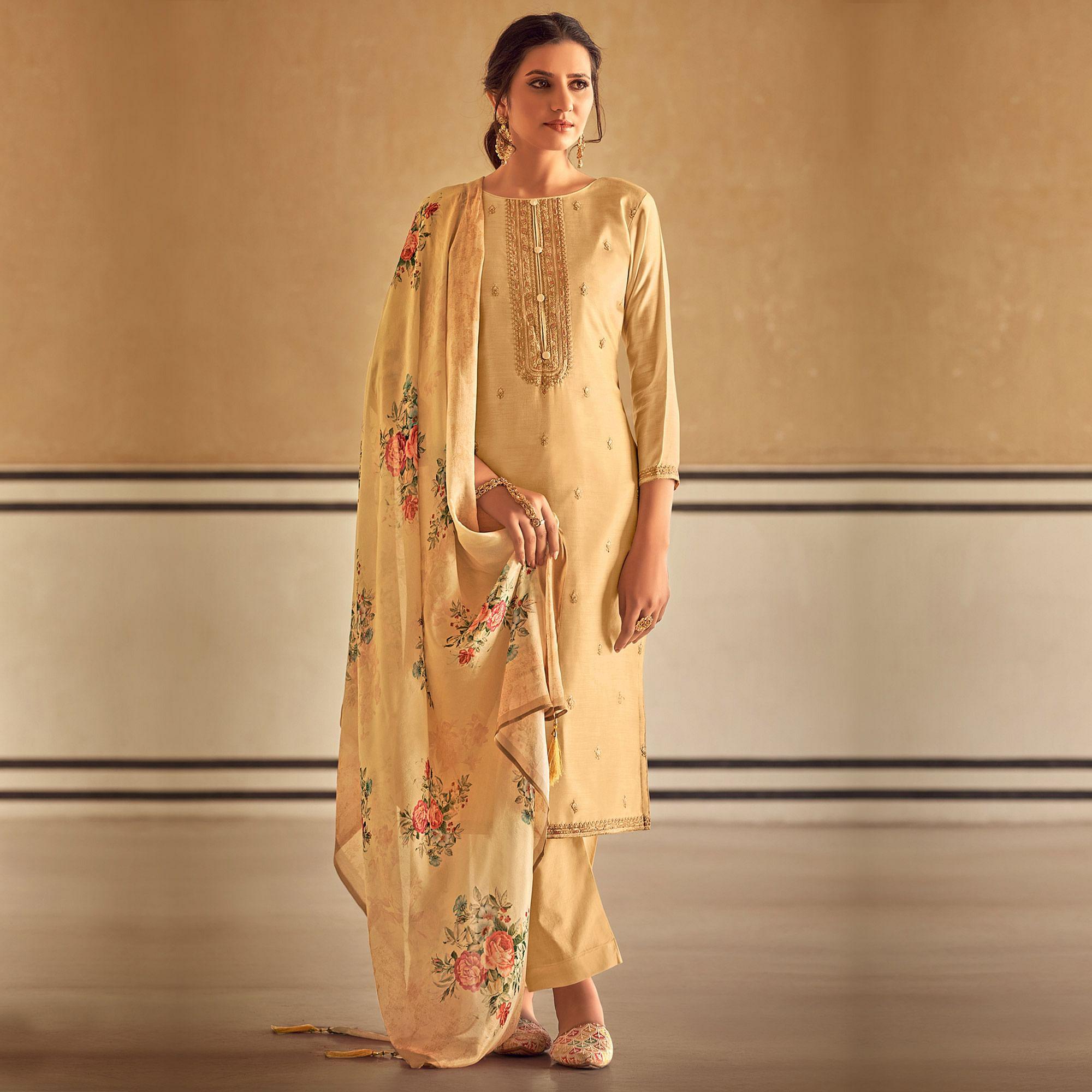Cream Partywear Embroidered Cotton Silk Suit - Peachmode