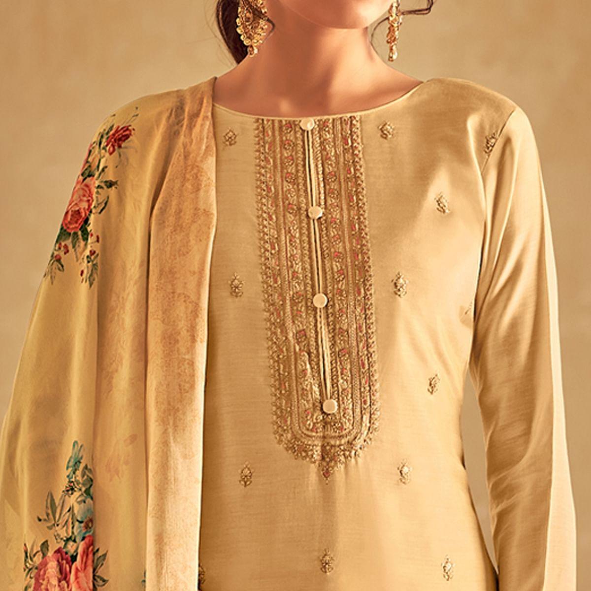 Cream Partywear Embroidered Cotton Silk Suit - Peachmode