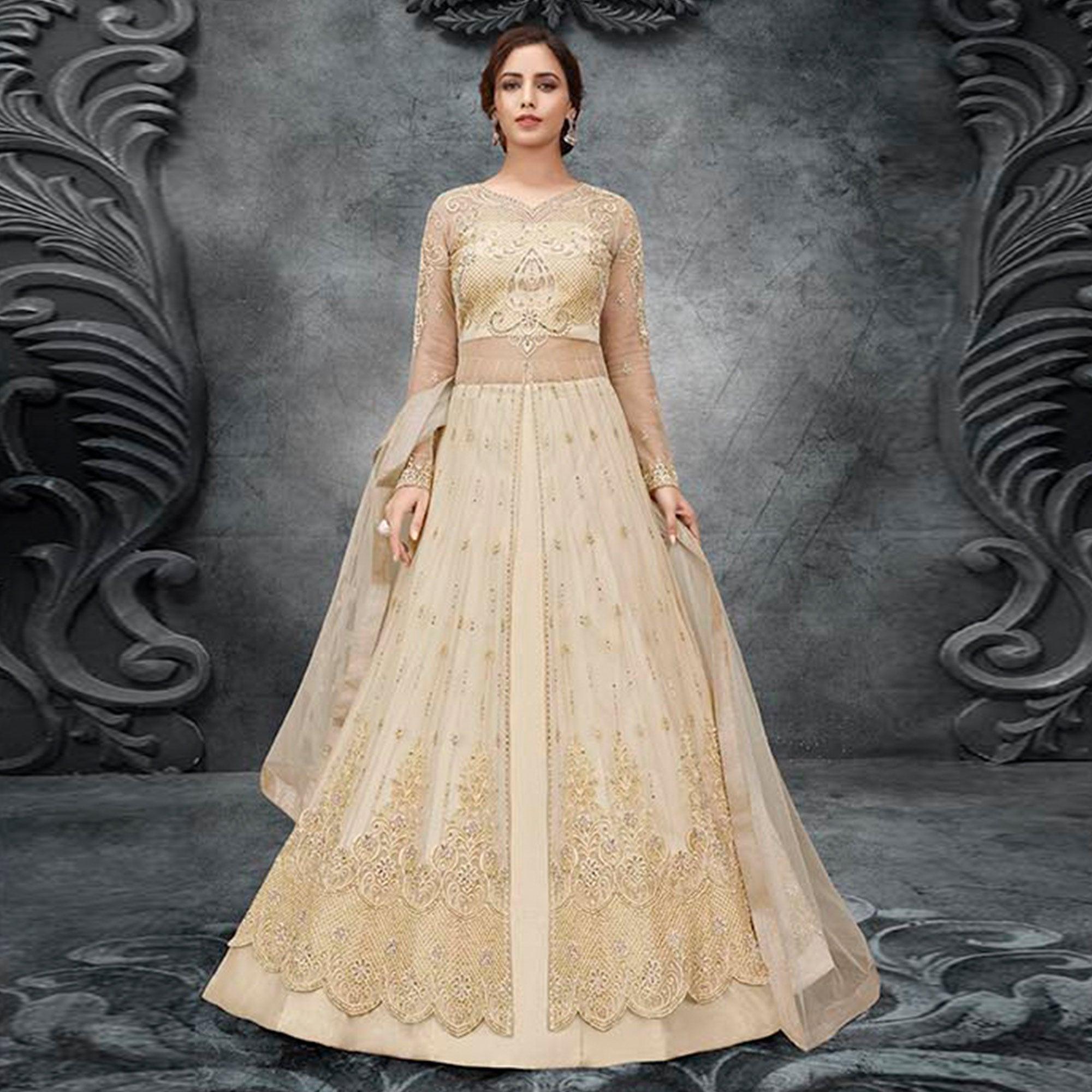 Cream Partywear Embroidered Handwork Soft Net Gown - Peachmode