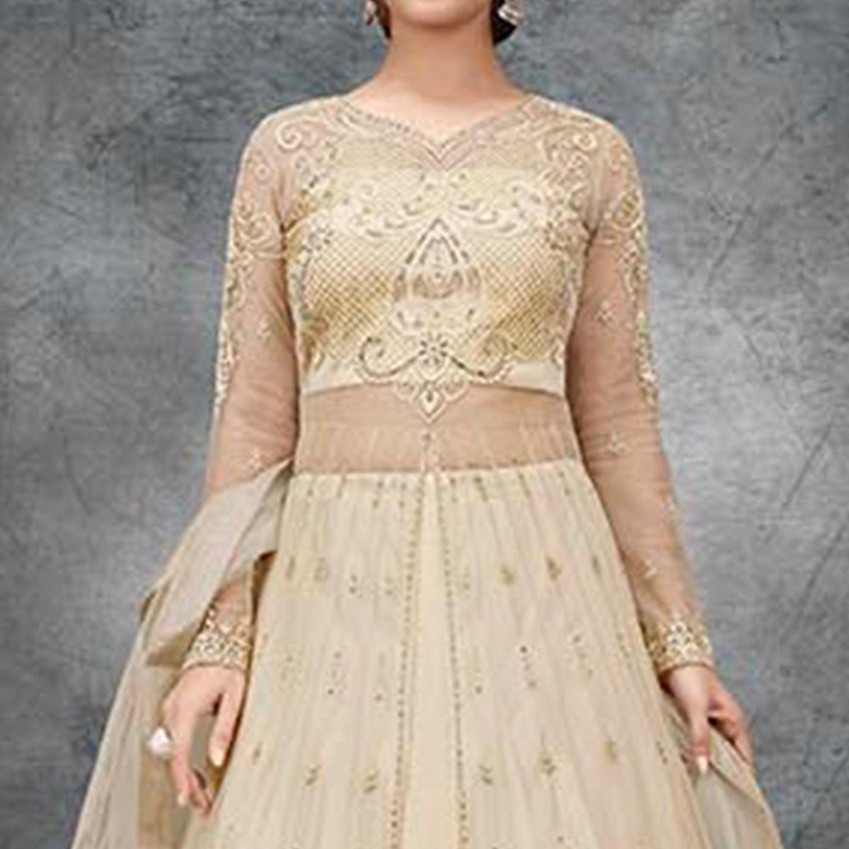 Cream Partywear Embroidered Handwork Soft Net Gown - Peachmode