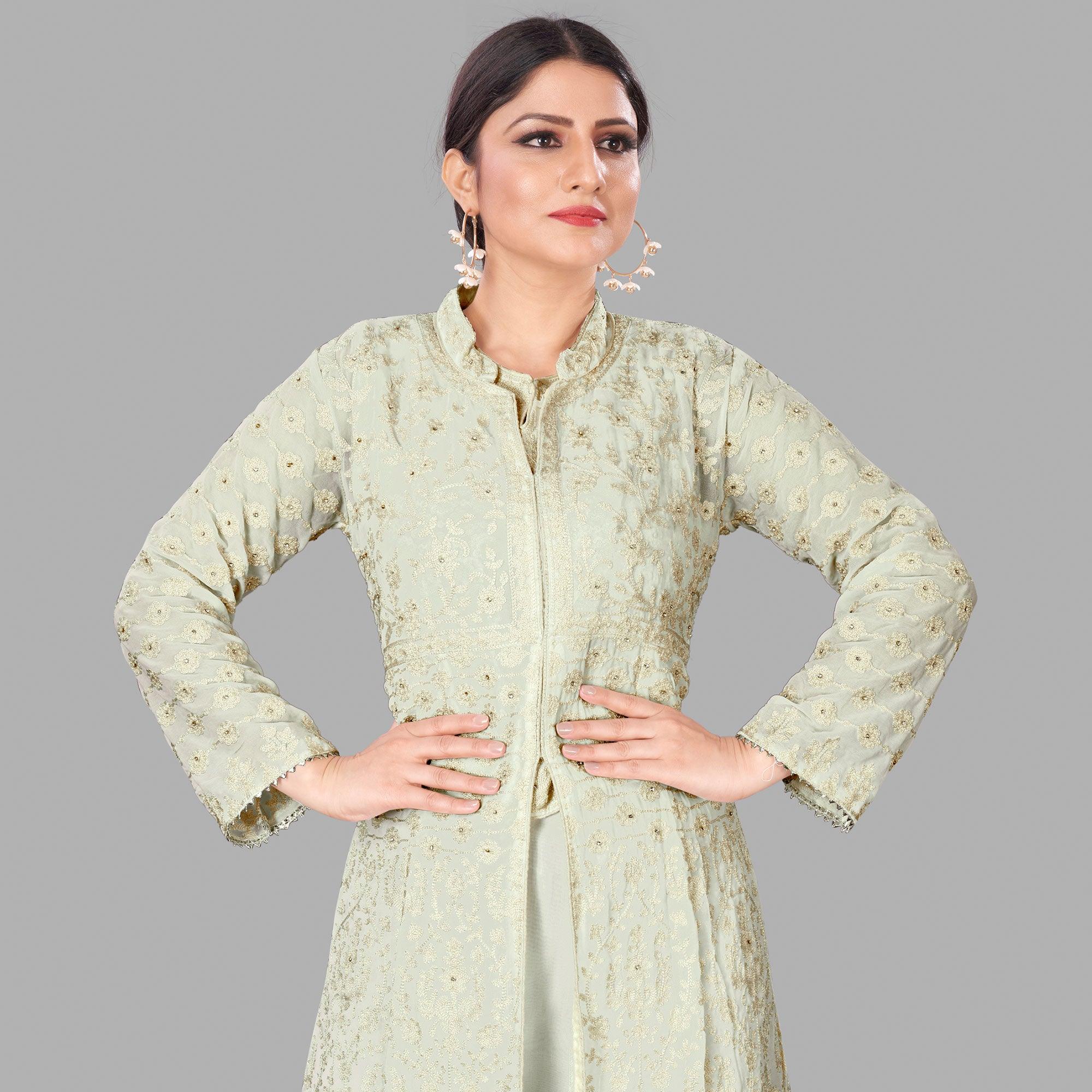 Cream Partywear Embroidered Heavy Faux Georgette A line Anarkali  suit - Peachmode