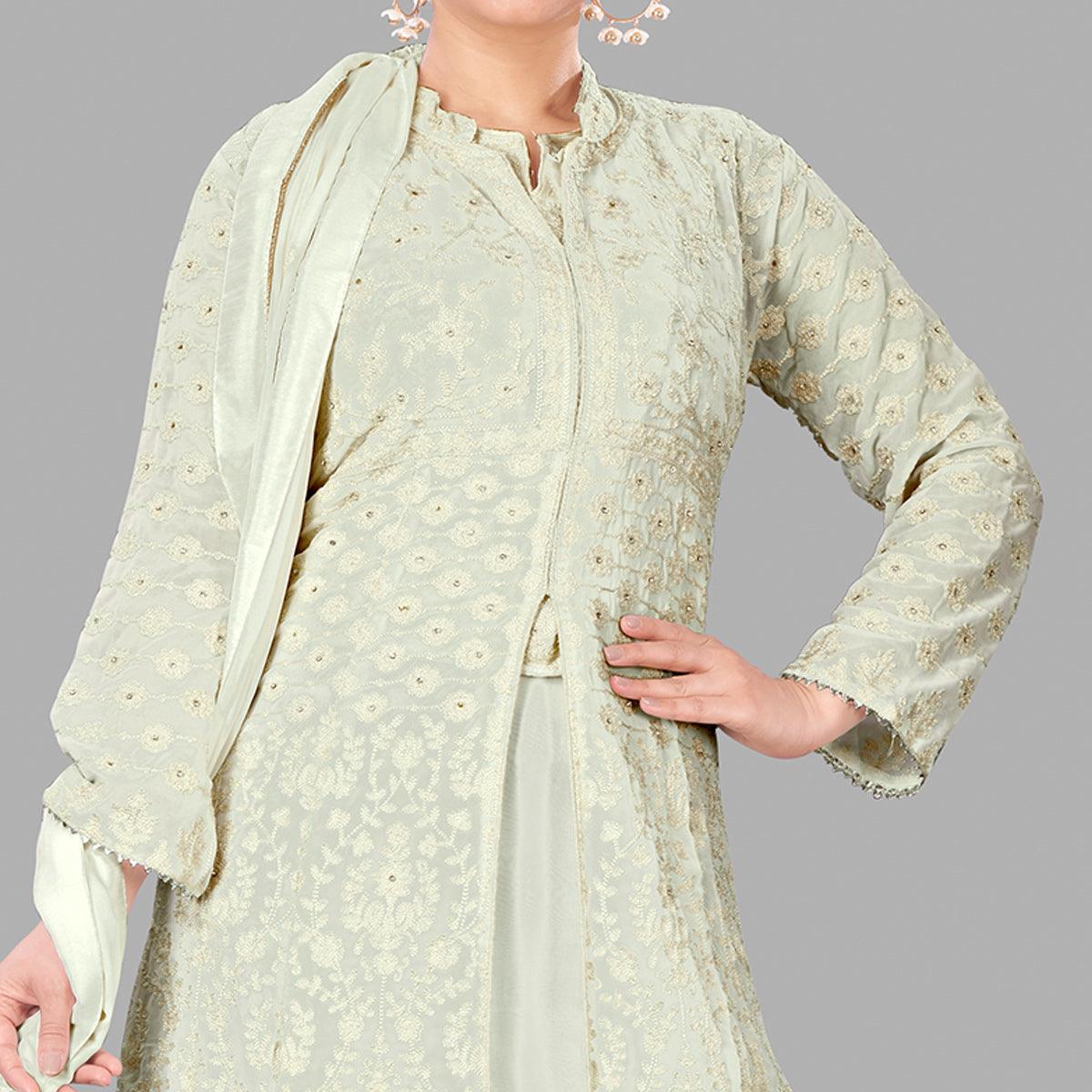 Cream Partywear Embroidered Heavy Faux Georgette A line Anarkali  suit - Peachmode