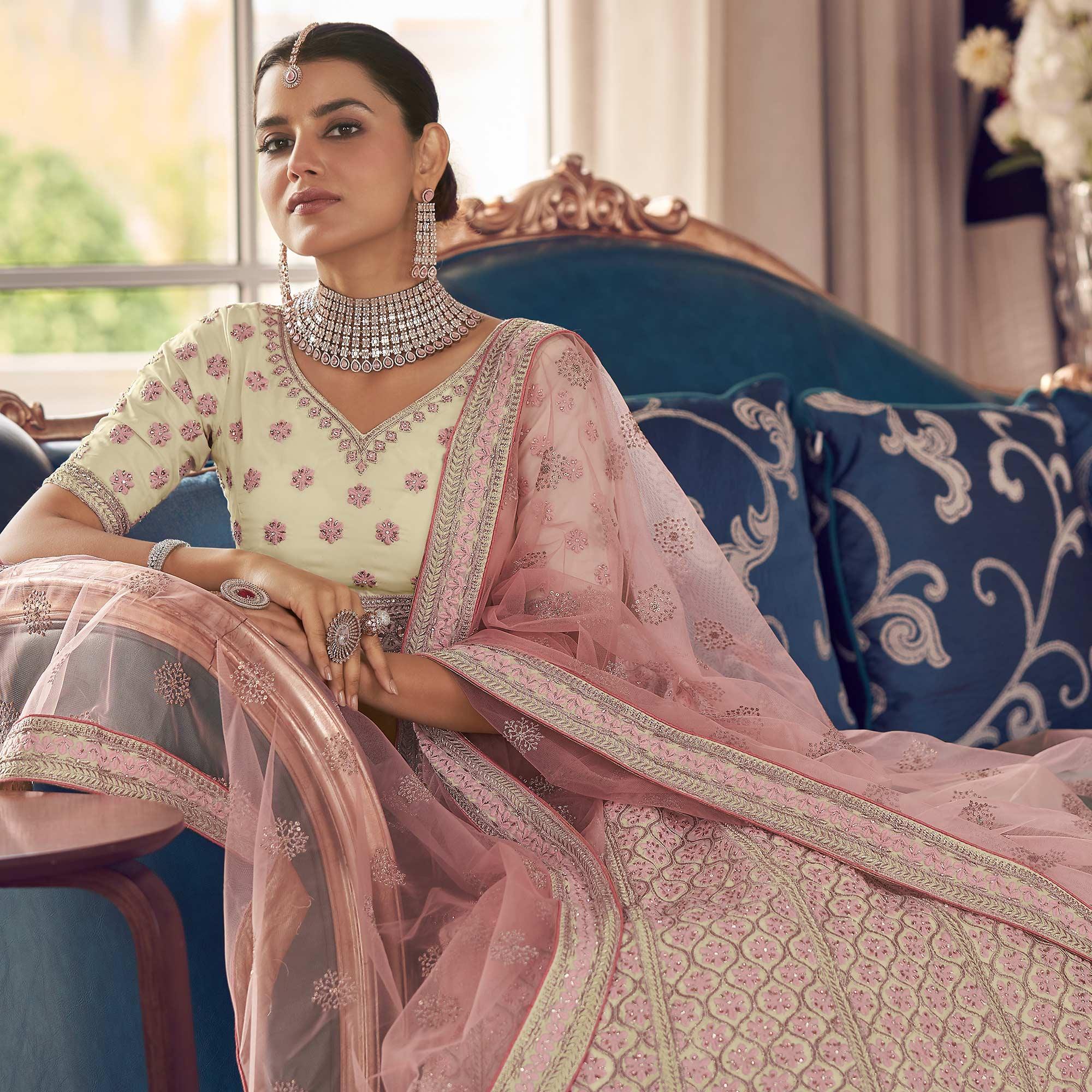 Cream Partywear Embroidered Organza Lehenga Choli - Peachmode