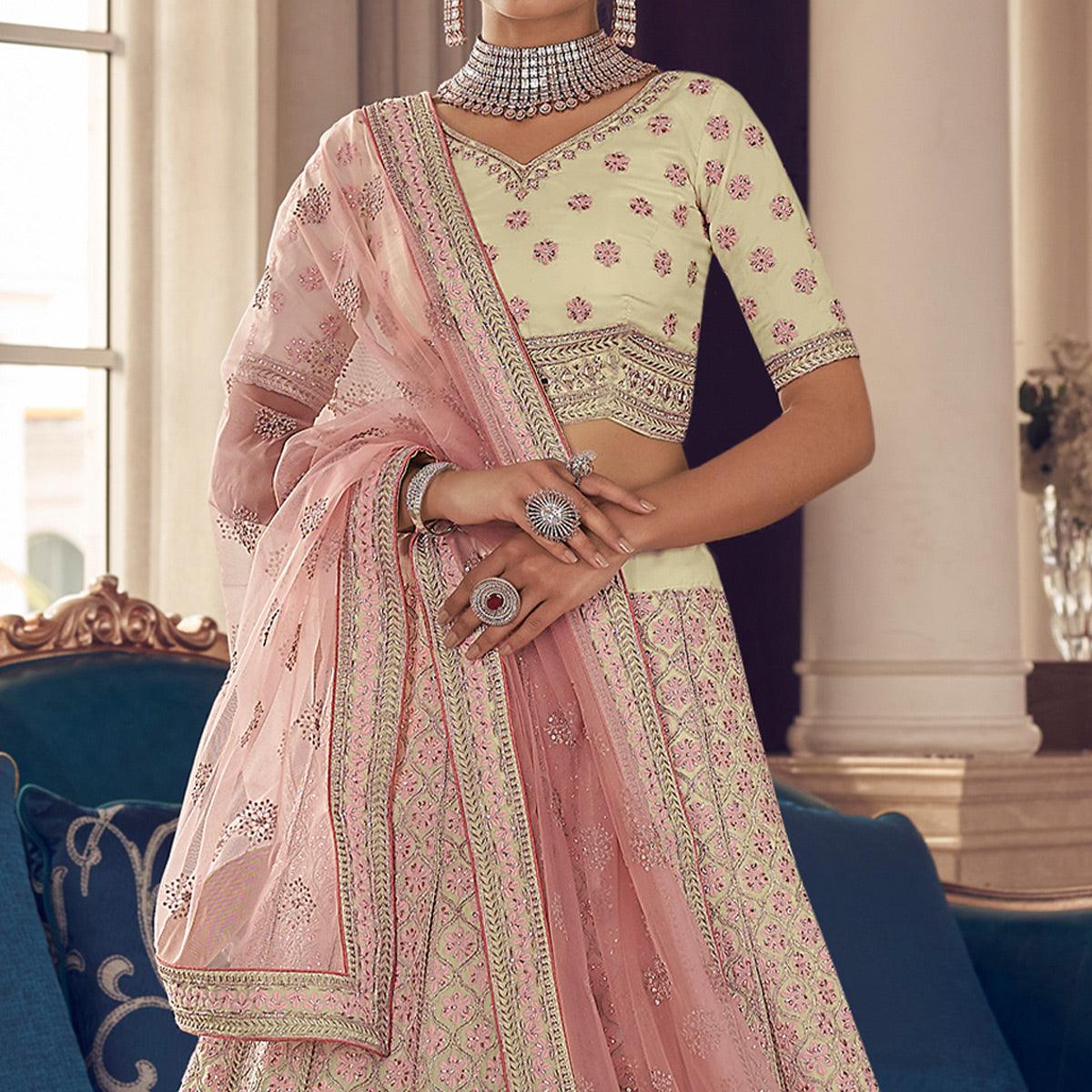 Cream Partywear Embroidered Organza Lehenga Choli - Peachmode