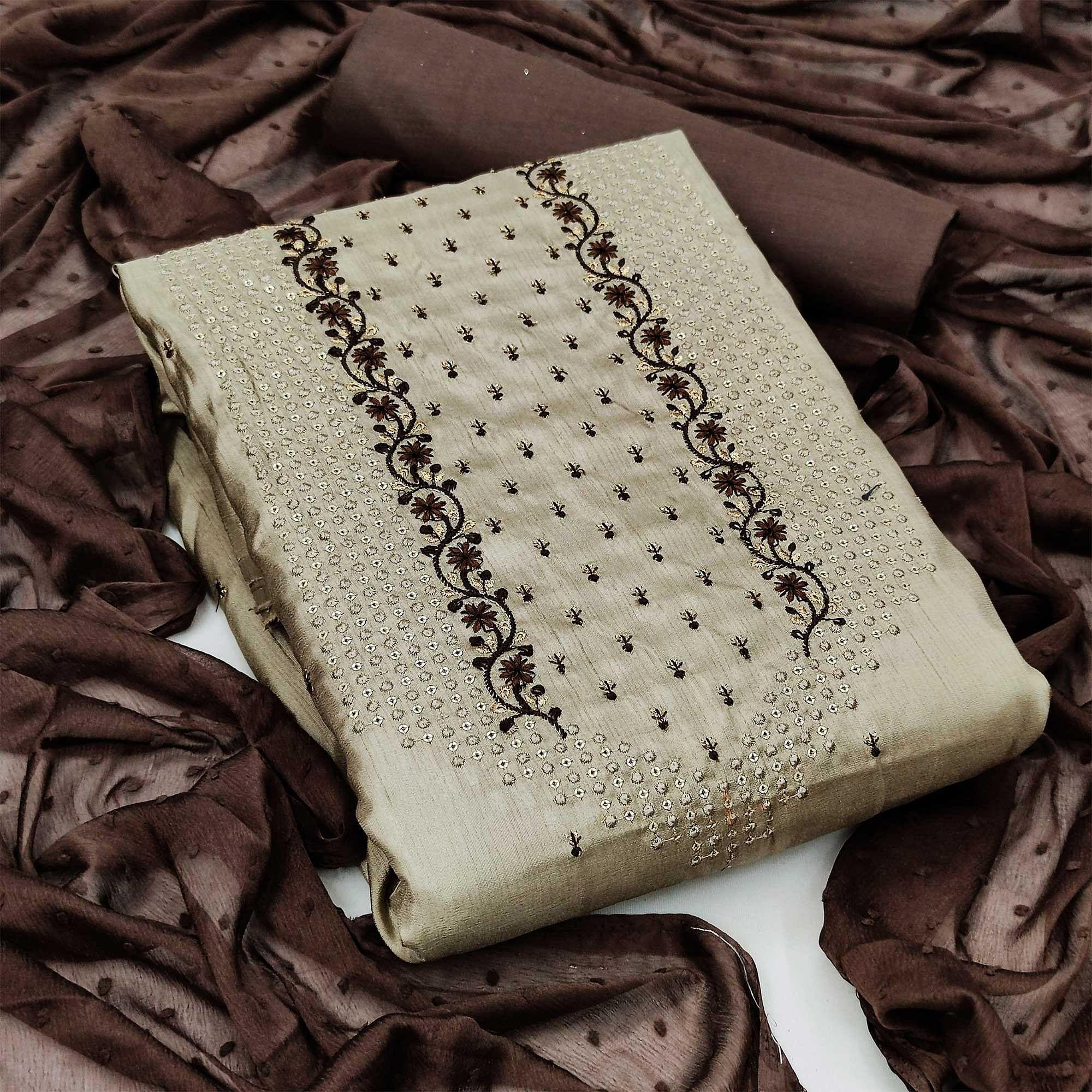 Cream Partywear Embroidered Silk Dress Material - Peachmode