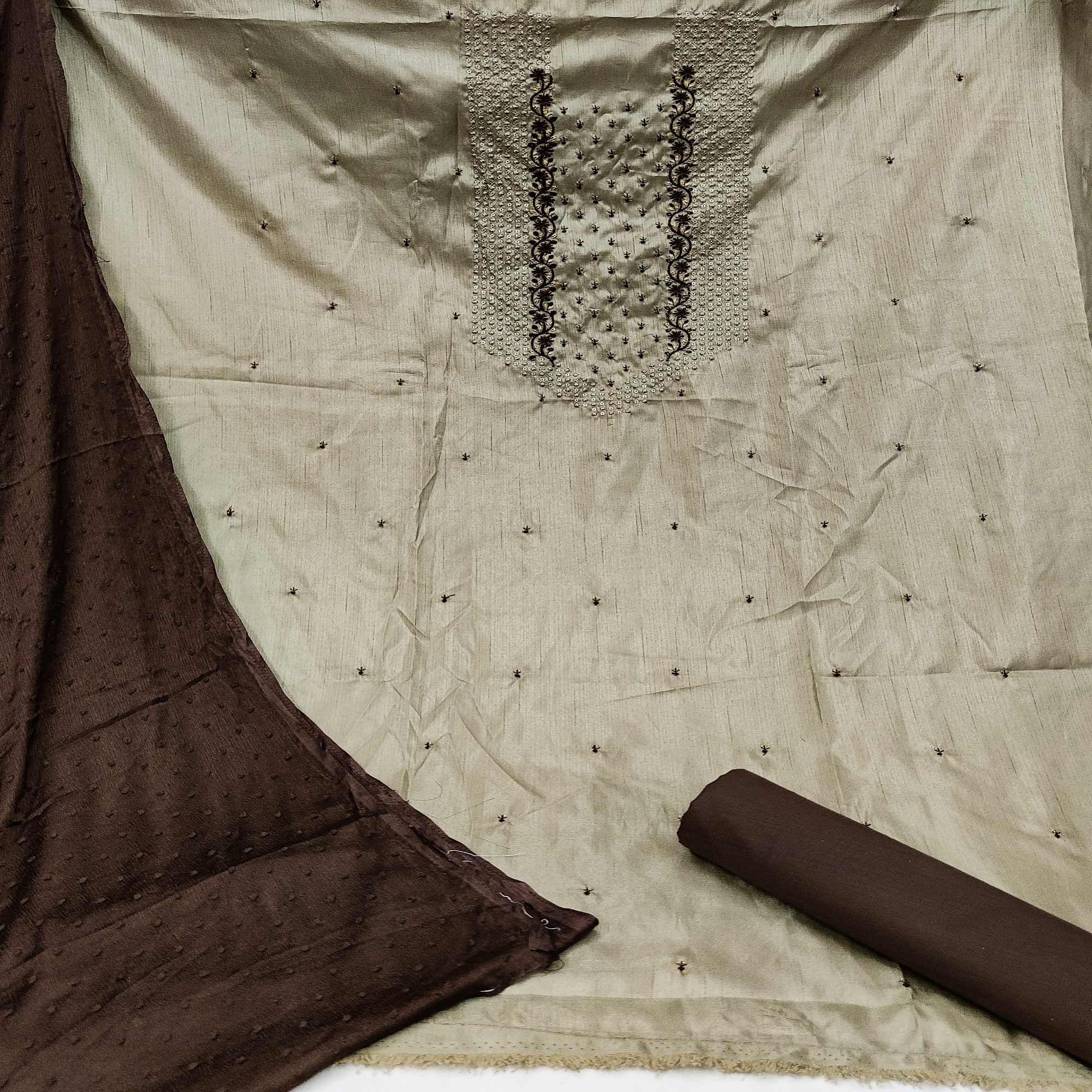 Cream Partywear Embroidered Silk Dress Material - Peachmode