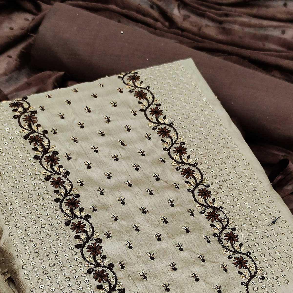 Cream Partywear Embroidered Silk Dress Material - Peachmode