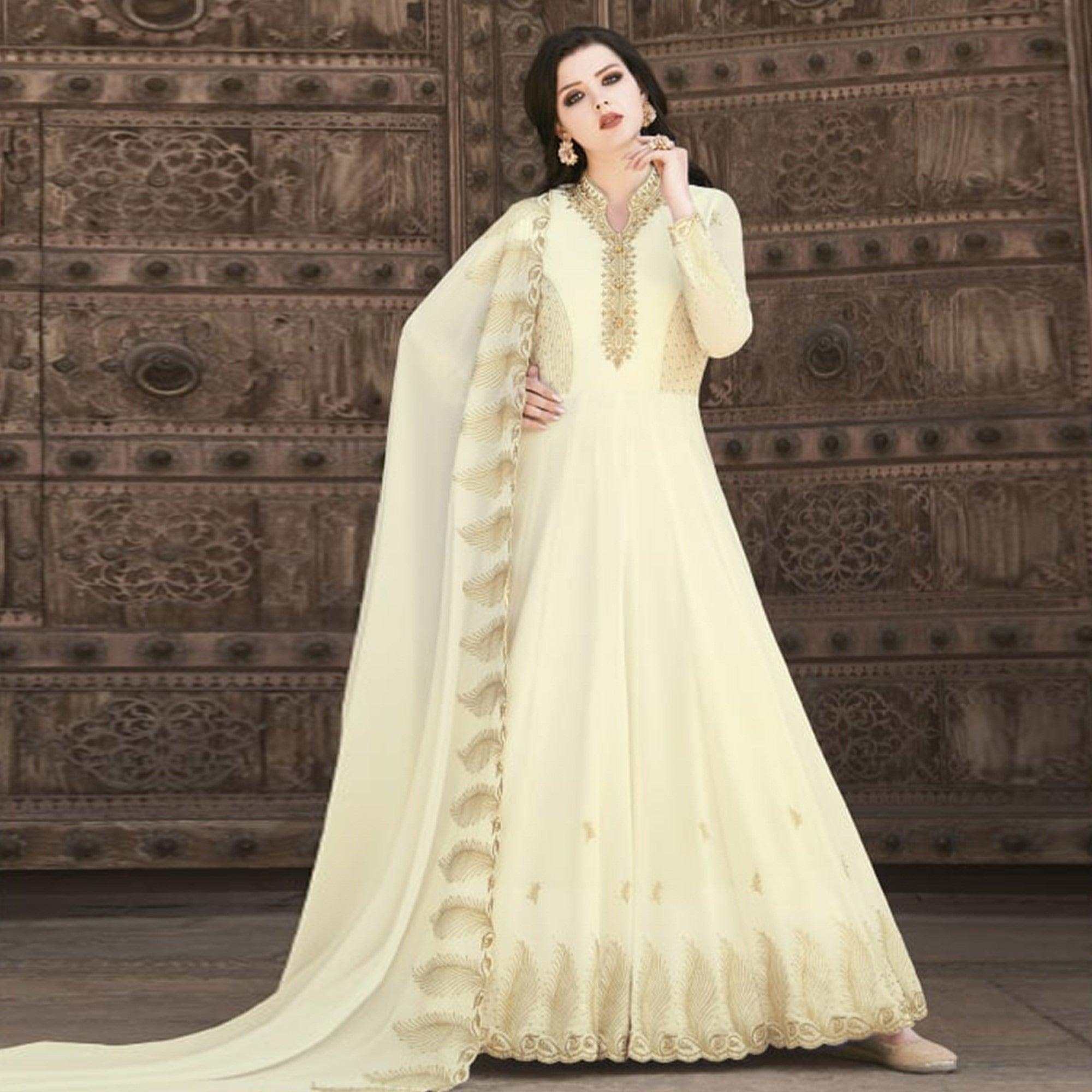 Cream Partywear Embroidered Soft Georgette Suit - Peachmode