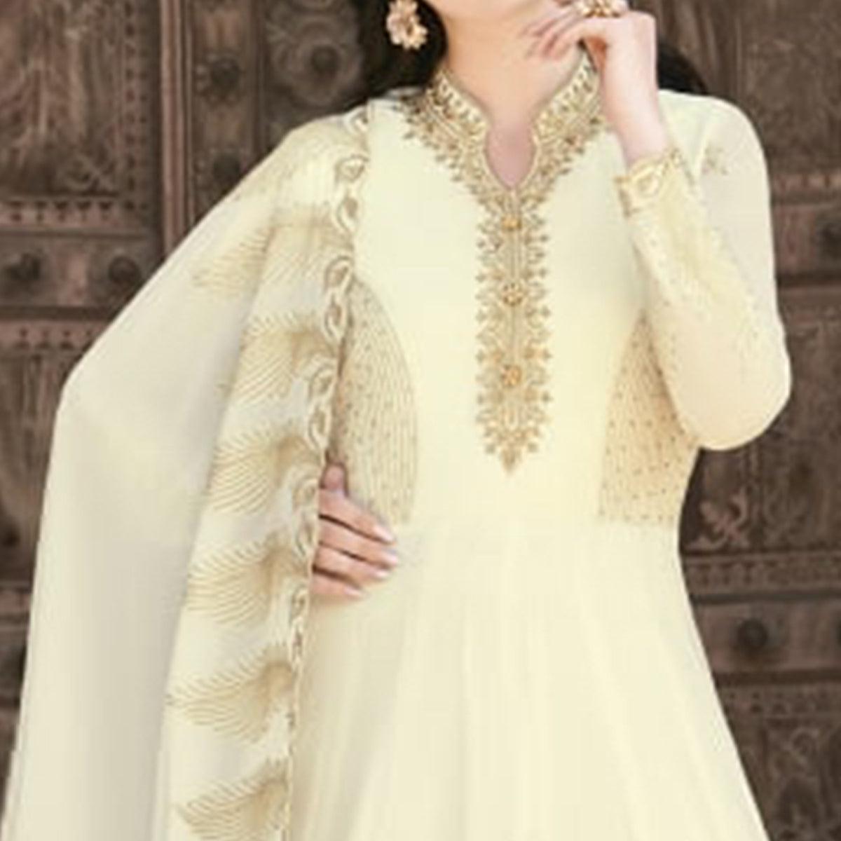 Cream Partywear Embroidered Soft Georgette Suit - Peachmode