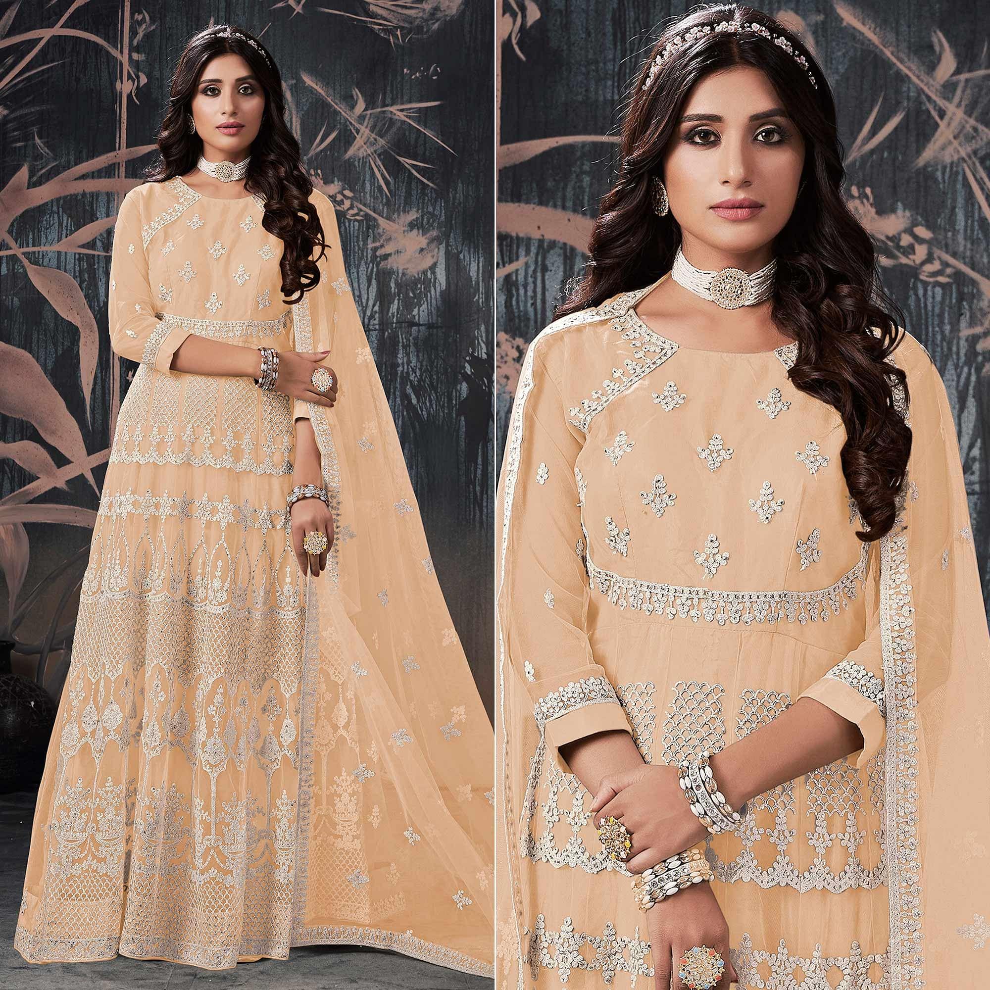 Cream Partywear Embroidery With Embellished Net Gown - Peachmode