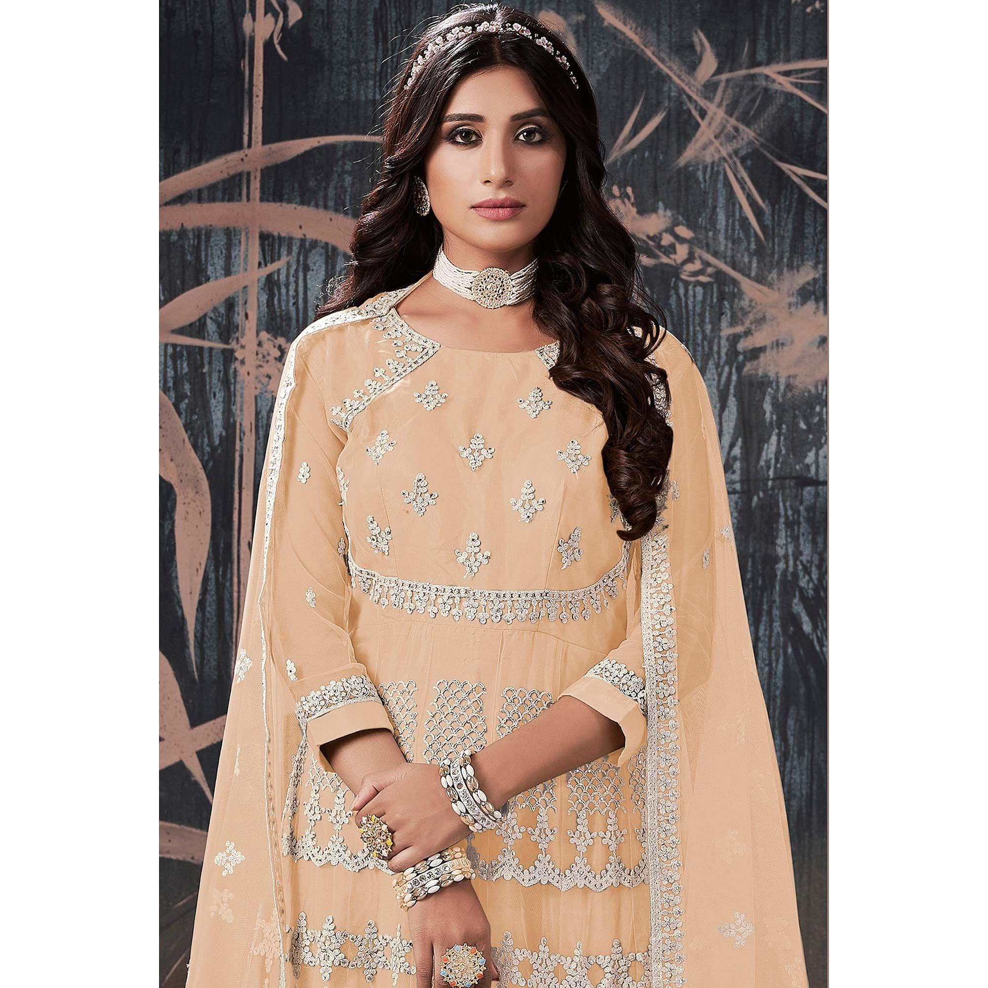 Cream Partywear Embroidery With Embellished Net Gown - Peachmode