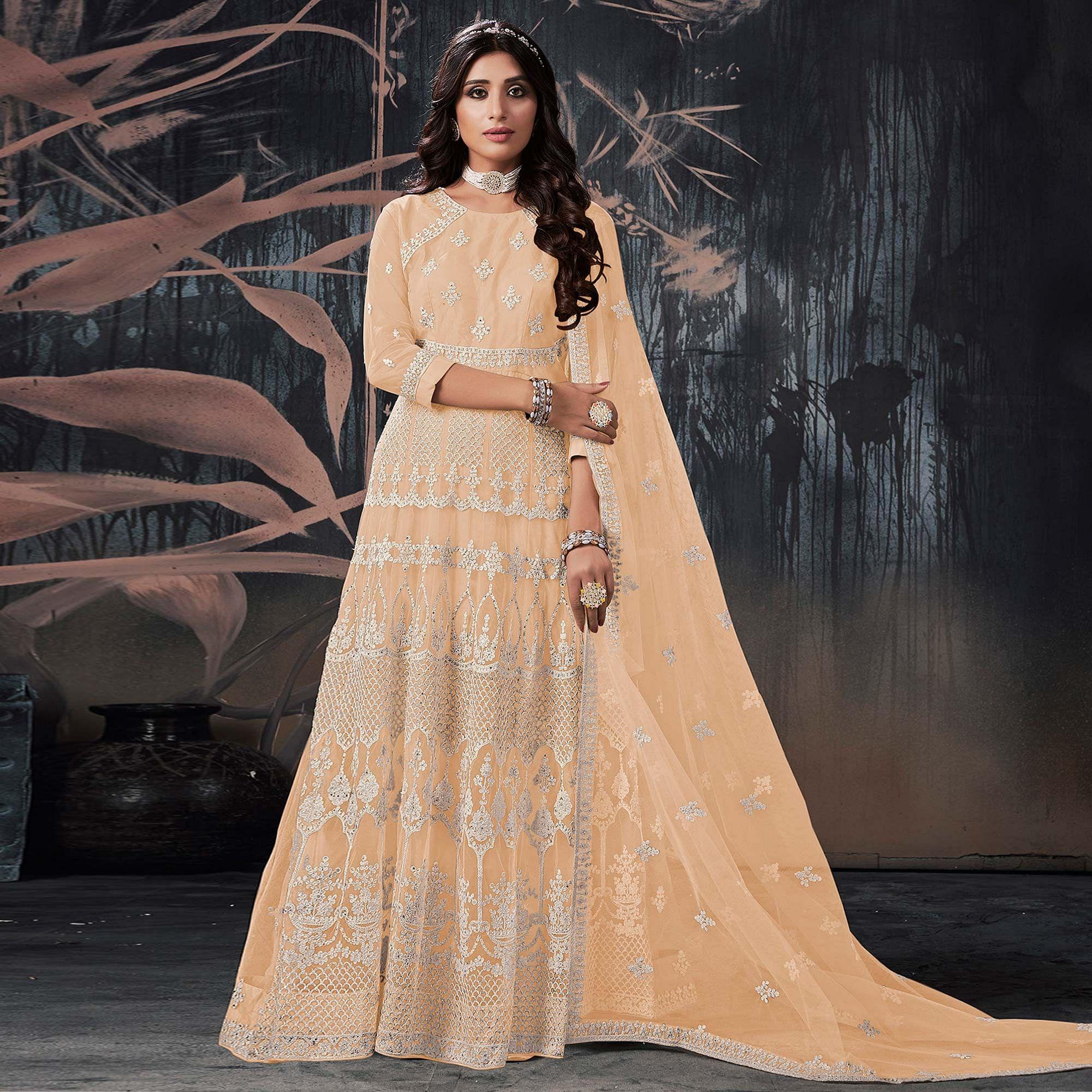 Cream Partywear Embroidery With Embellished Net Gown - Peachmode