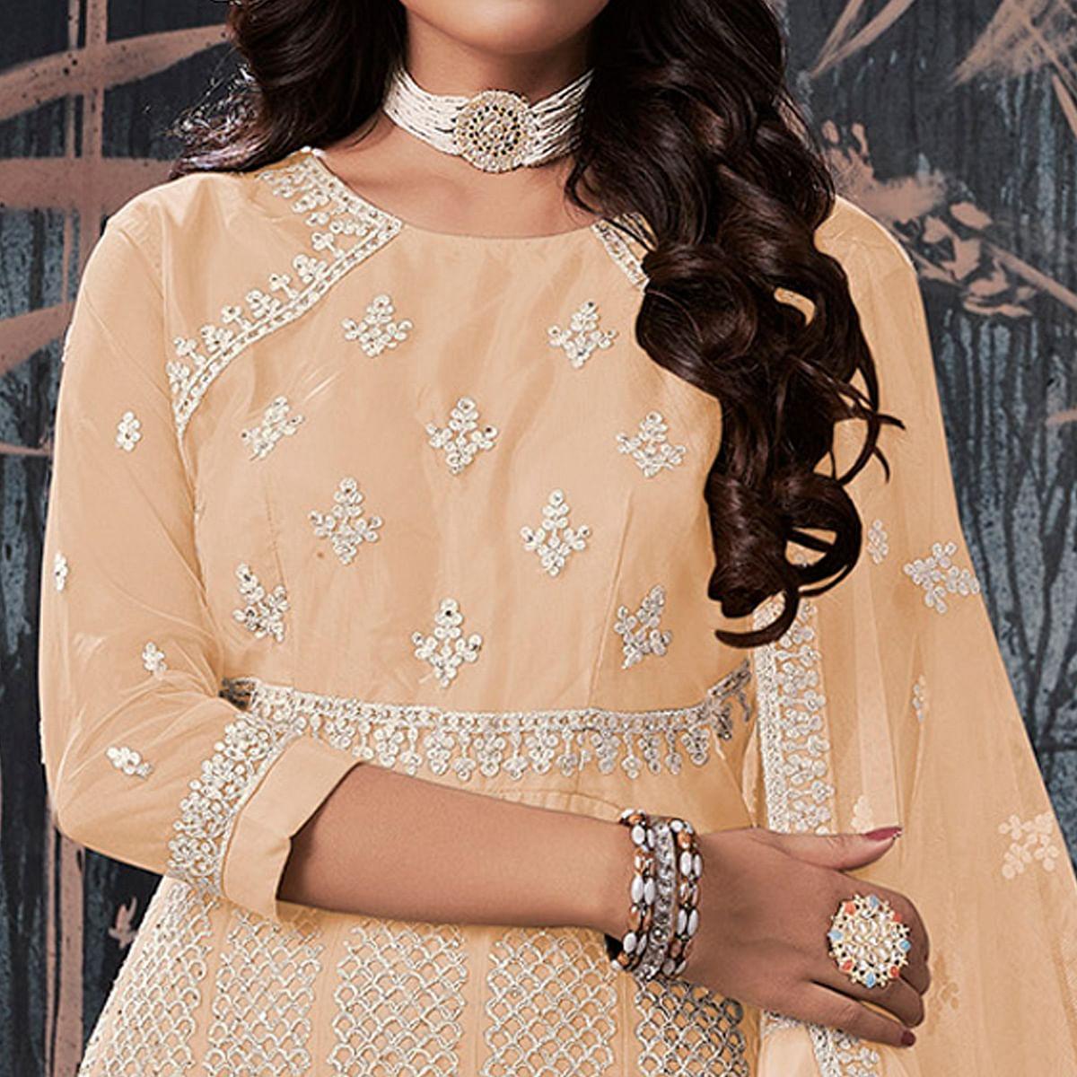 Cream Partywear Embroidery With Embellished Net Gown - Peachmode