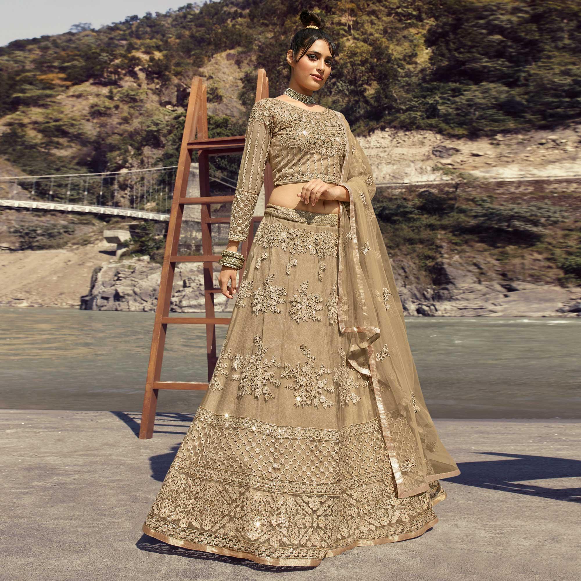 Cream Partywear Floral Heavy Embroidered Net Lehenga Choli - Peachmode