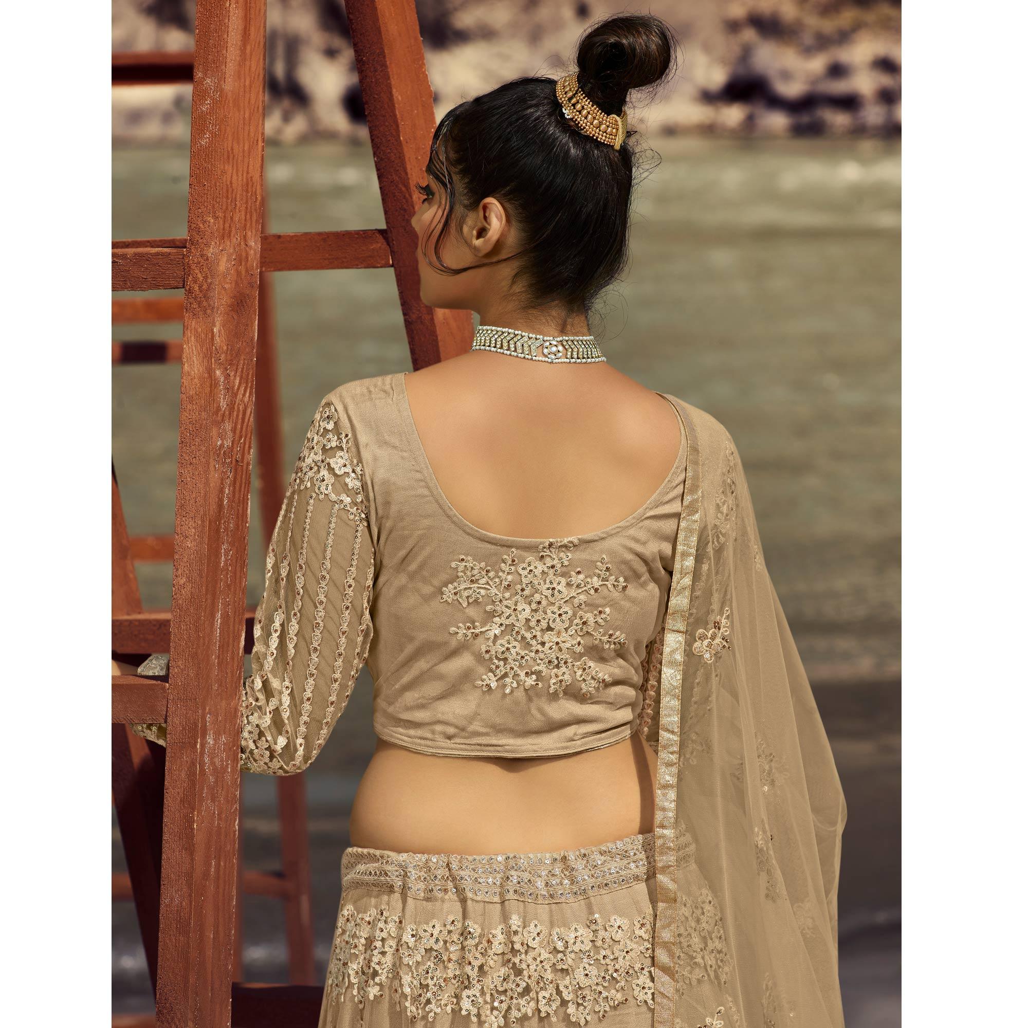 Cream Partywear Floral Heavy Embroidered Net Lehenga Choli - Peachmode