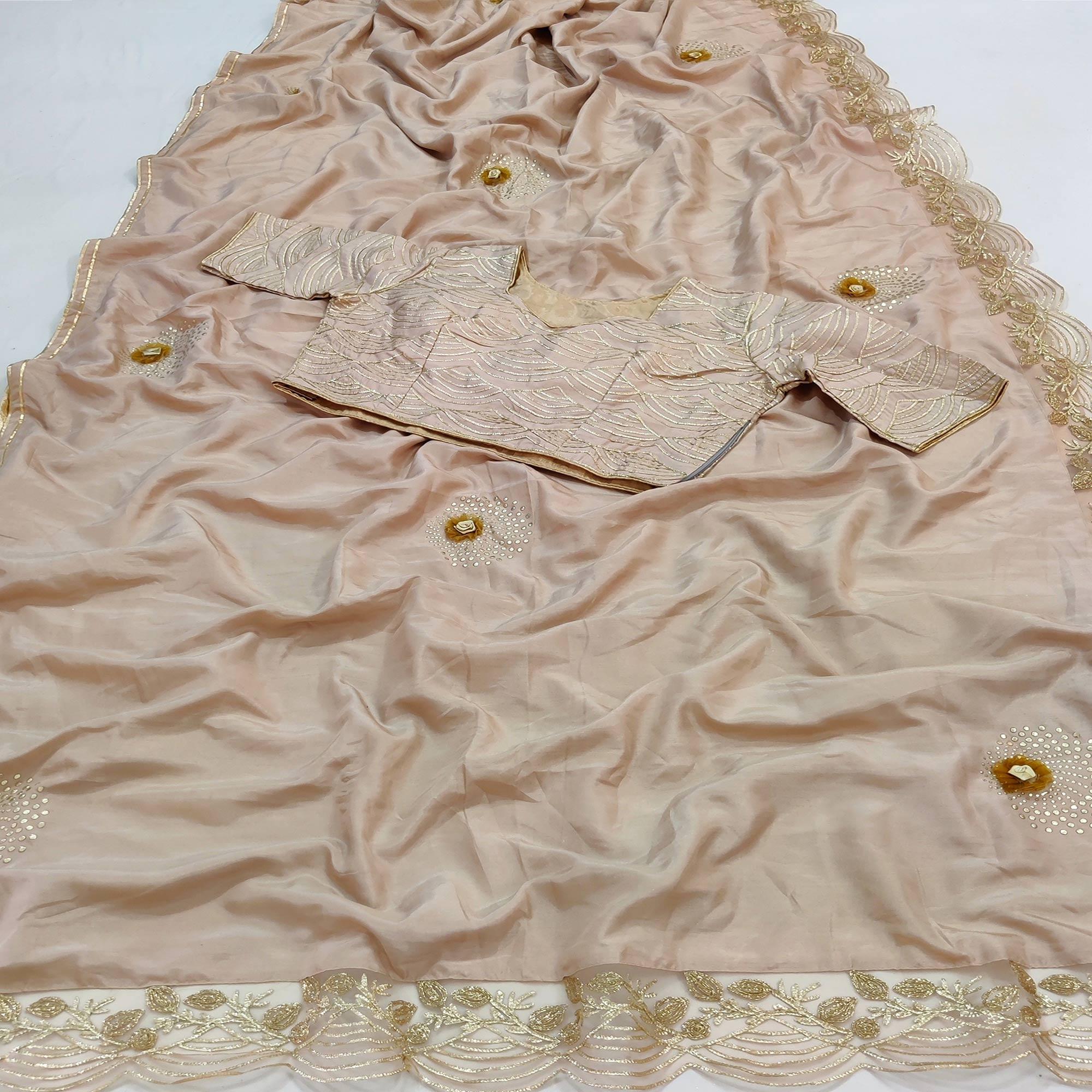 Cream Partywear Floral Mukeish Embroidered Dola Silk Saree - Peachmode