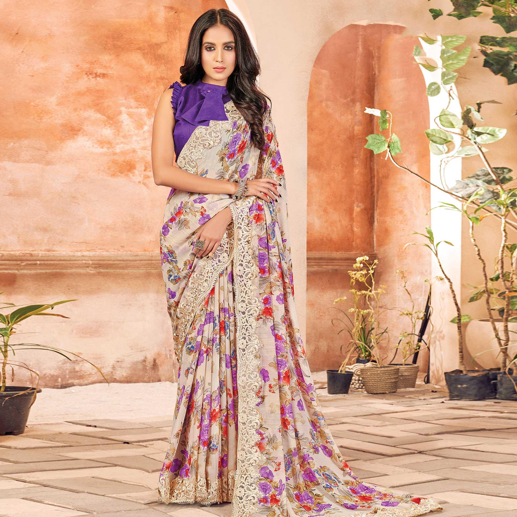 Cream Partywear Floral Printed Georgette Saree Designer Lace - Peachmode