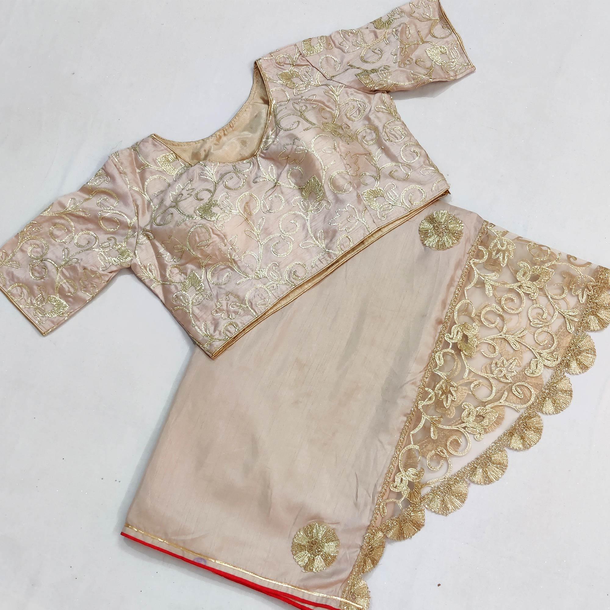 Cream Partywear Mukeish Embroidery Dola Silk Saree - Peachmode