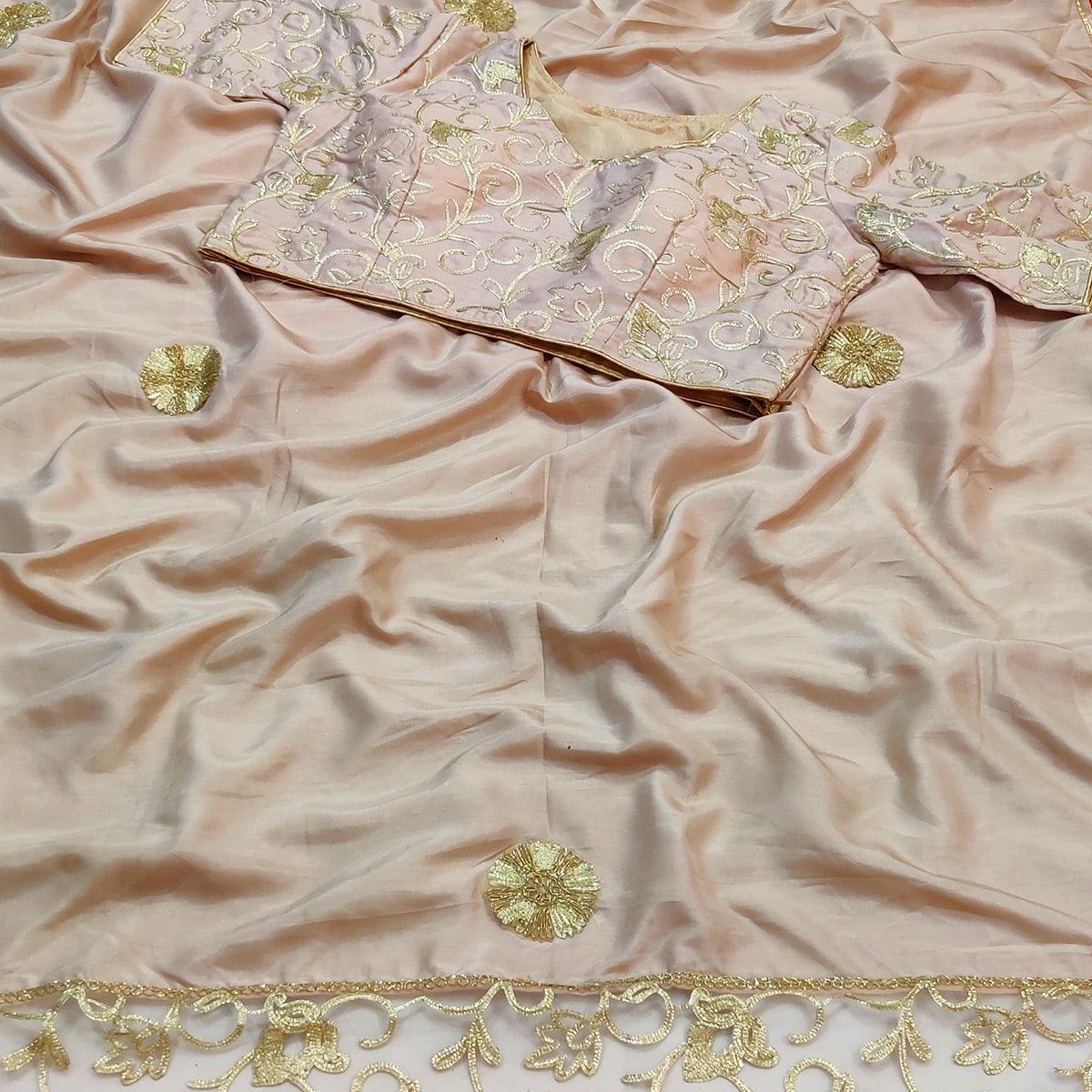 Cream Partywear Mukeish Embroidery Dola Silk Saree - Peachmode