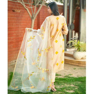 Cream Partywear Printed Cotton Silk Kurti Pant Set With Dupatta - Peachmode