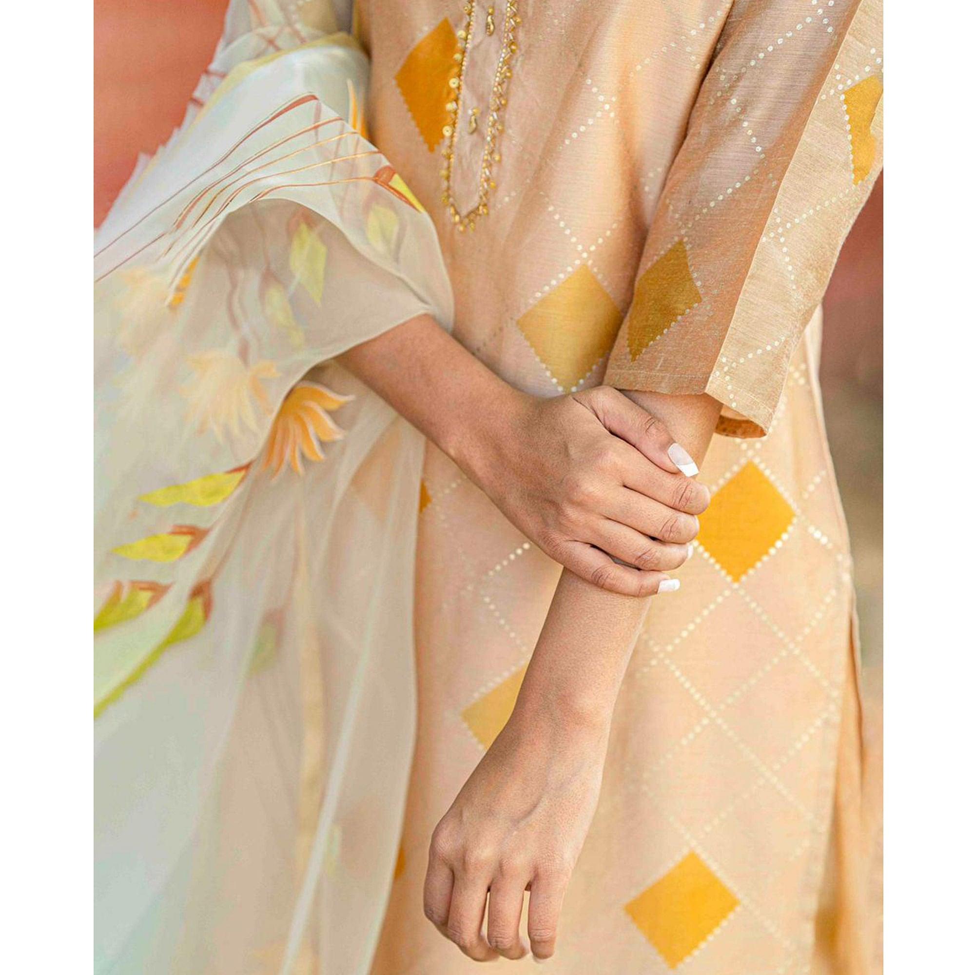 Cream Partywear Printed Cotton Silk Kurti Pant Set With Dupatta - Peachmode